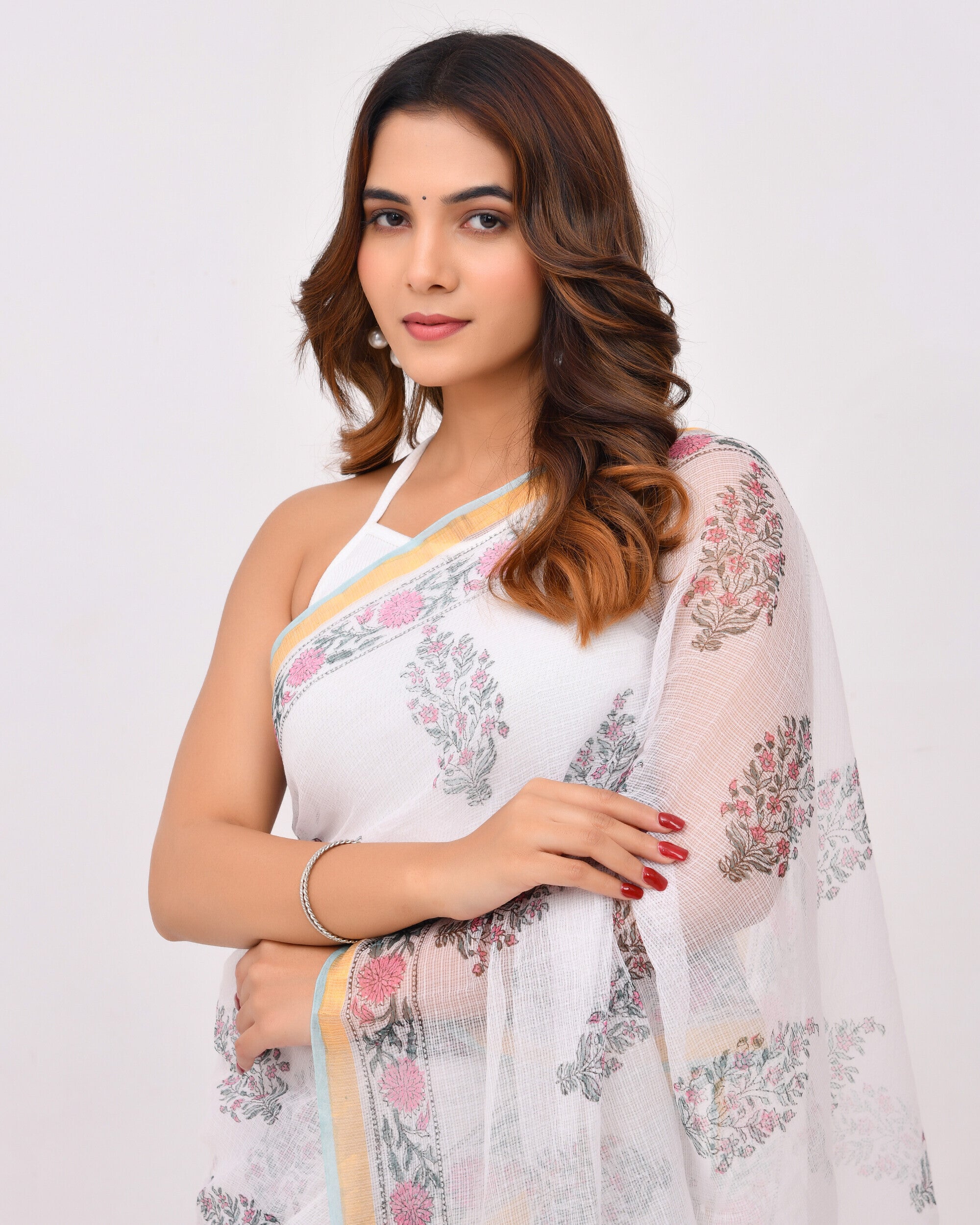 Rajnesa Traditional Block Print Kota Doria Cotton Saree - White Base