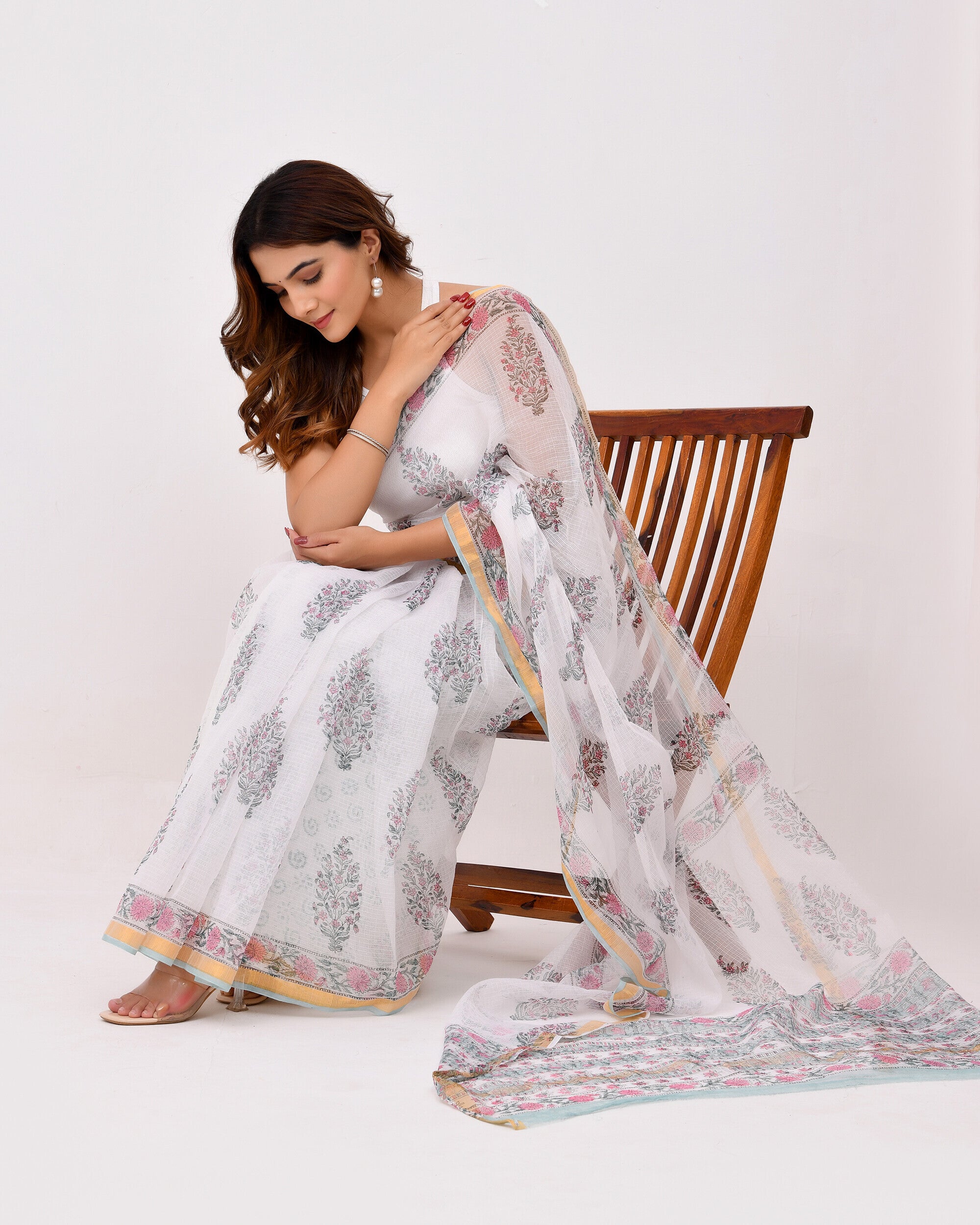 Rajnesa Traditional Block Print Kota Doria Cotton Saree - White Base
