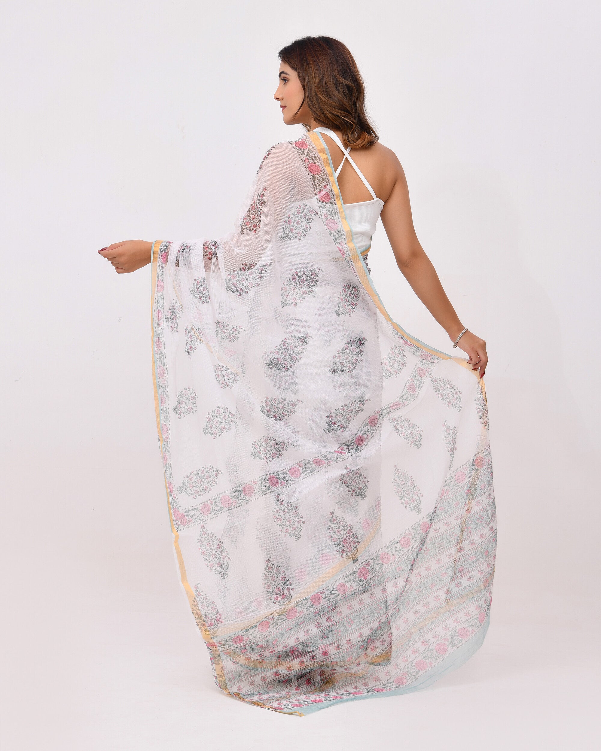 Rajnesa Traditional Block Print Kota Doria Cotton Saree - White Base