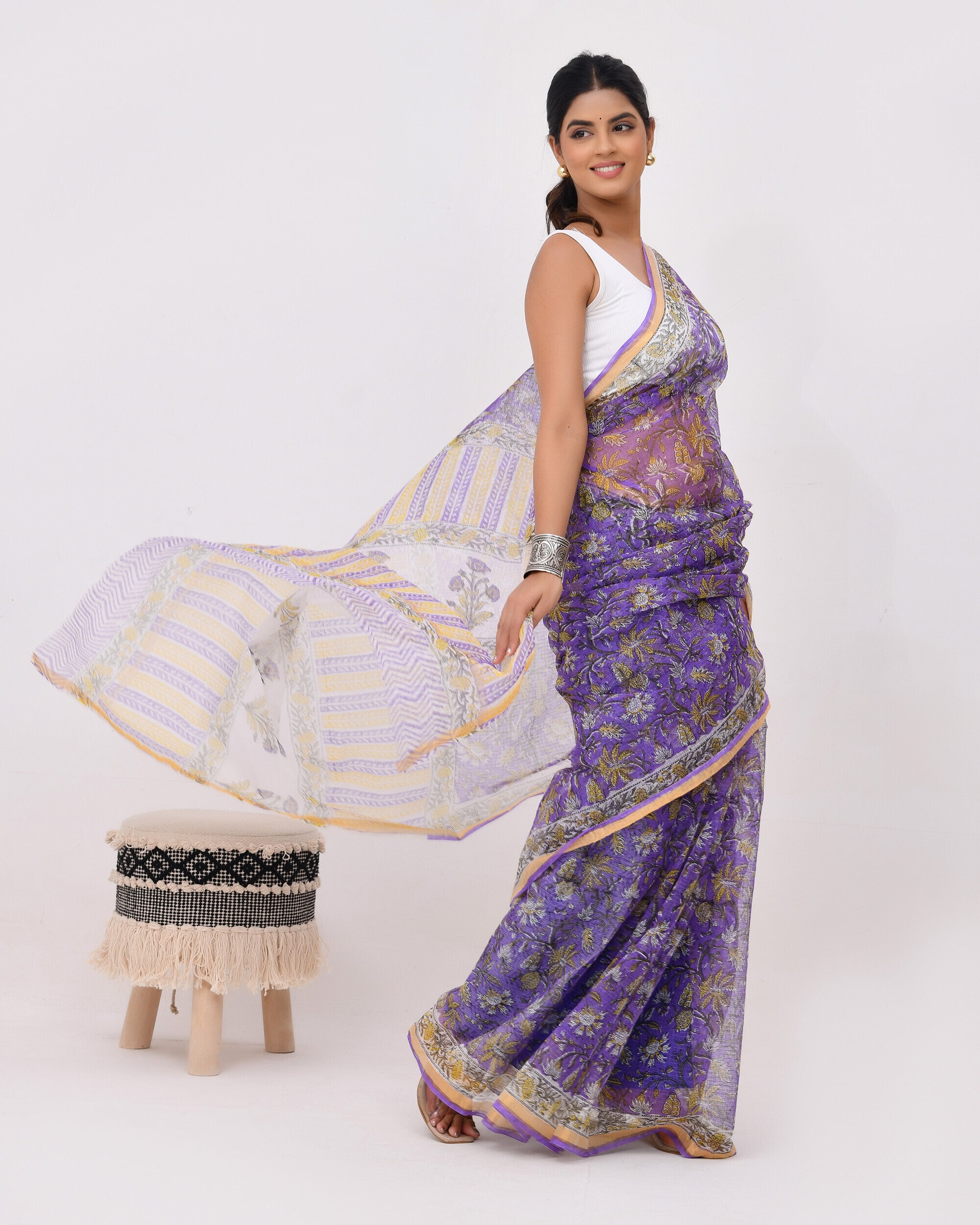 Rajnesa Traditional Block Print Kota Doria Cotton Saree - Lavender Jaal