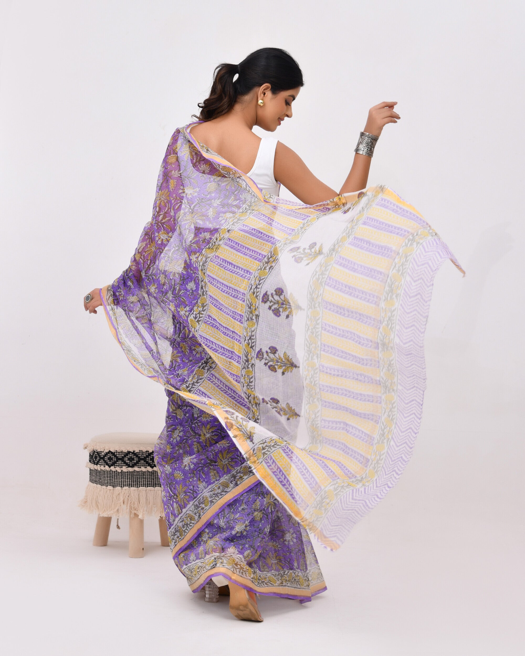 Rajnesa Traditional Block Print Kota Doria Cotton Saree - Lavender Jaal