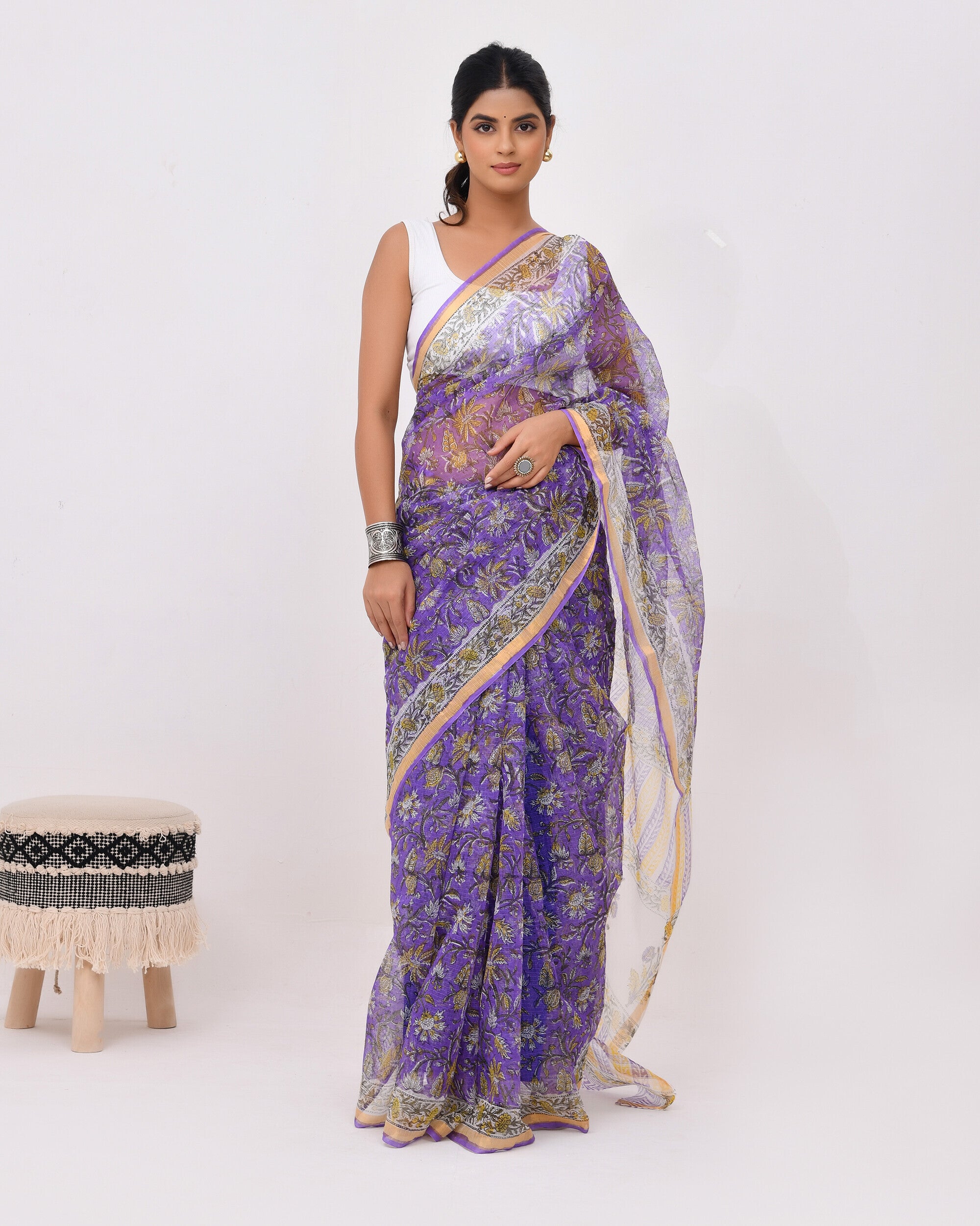 Lavender Block Print Kota Doria Saree