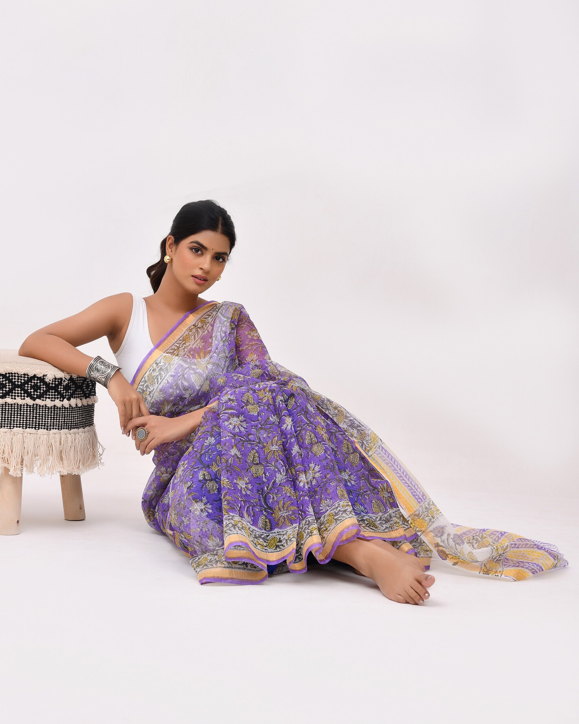 Rajnesa Traditional Block Print Kota Doria Cotton Saree - Lavender Jaal