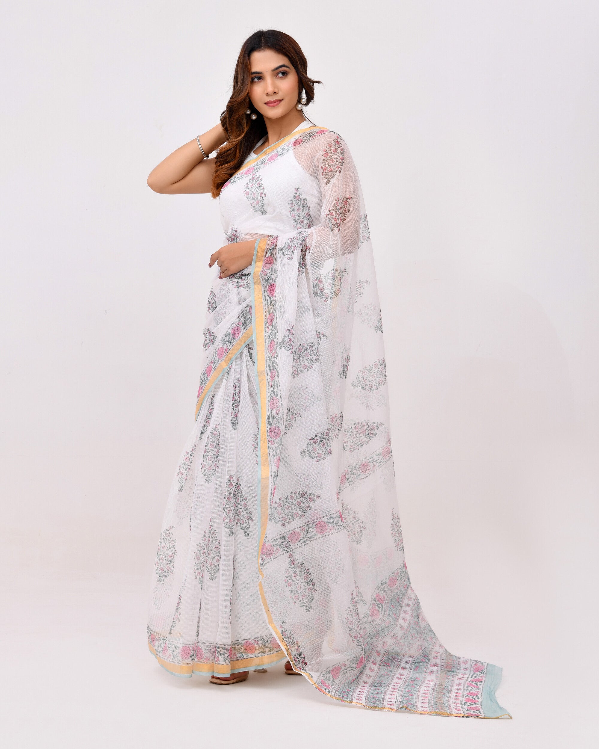 Rajnesa Traditional Block Print Kota Doria Cotton Saree - White Base