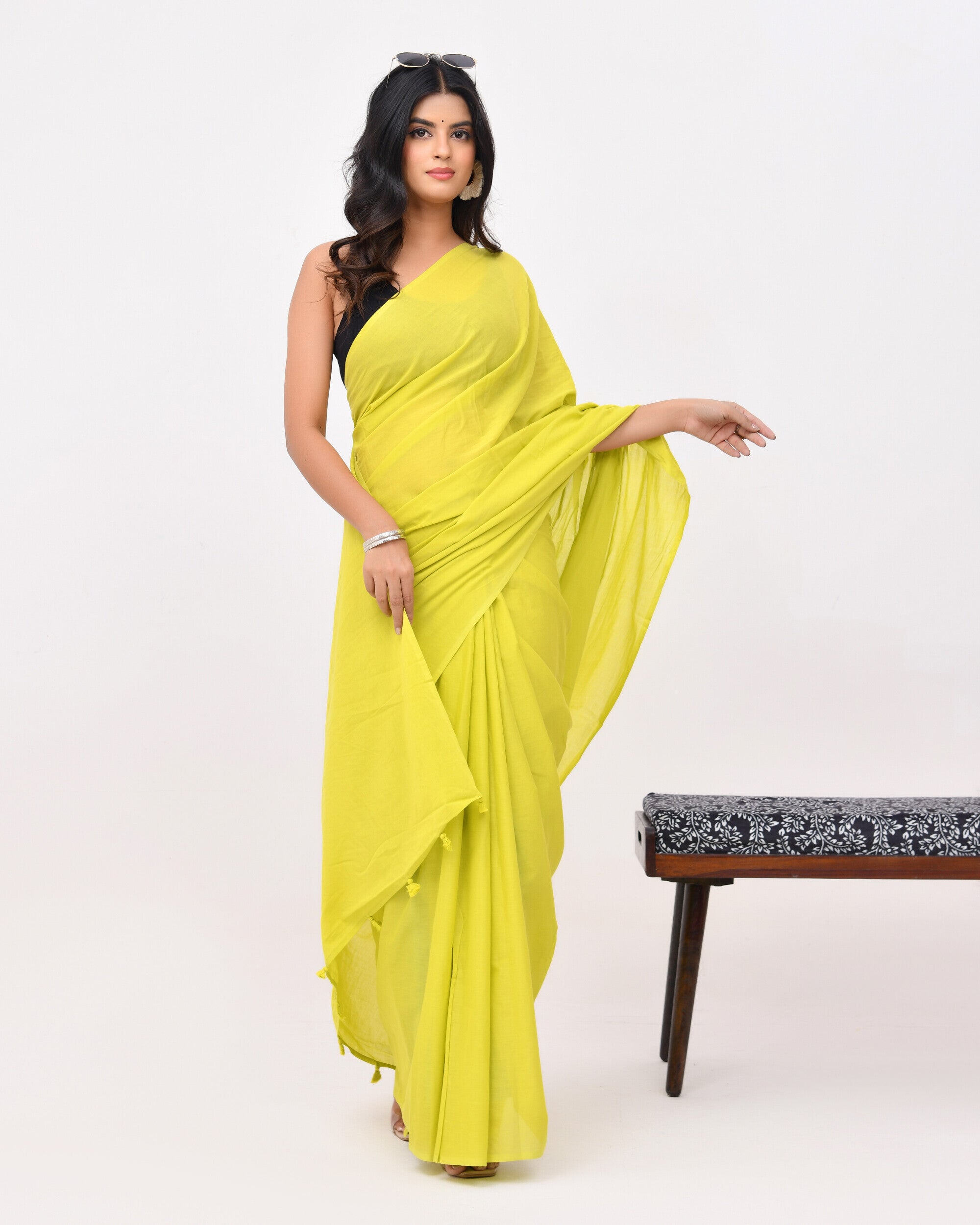 Rajnesa Lime Green Plain Cotton Mulmul Saree - Without Blouse