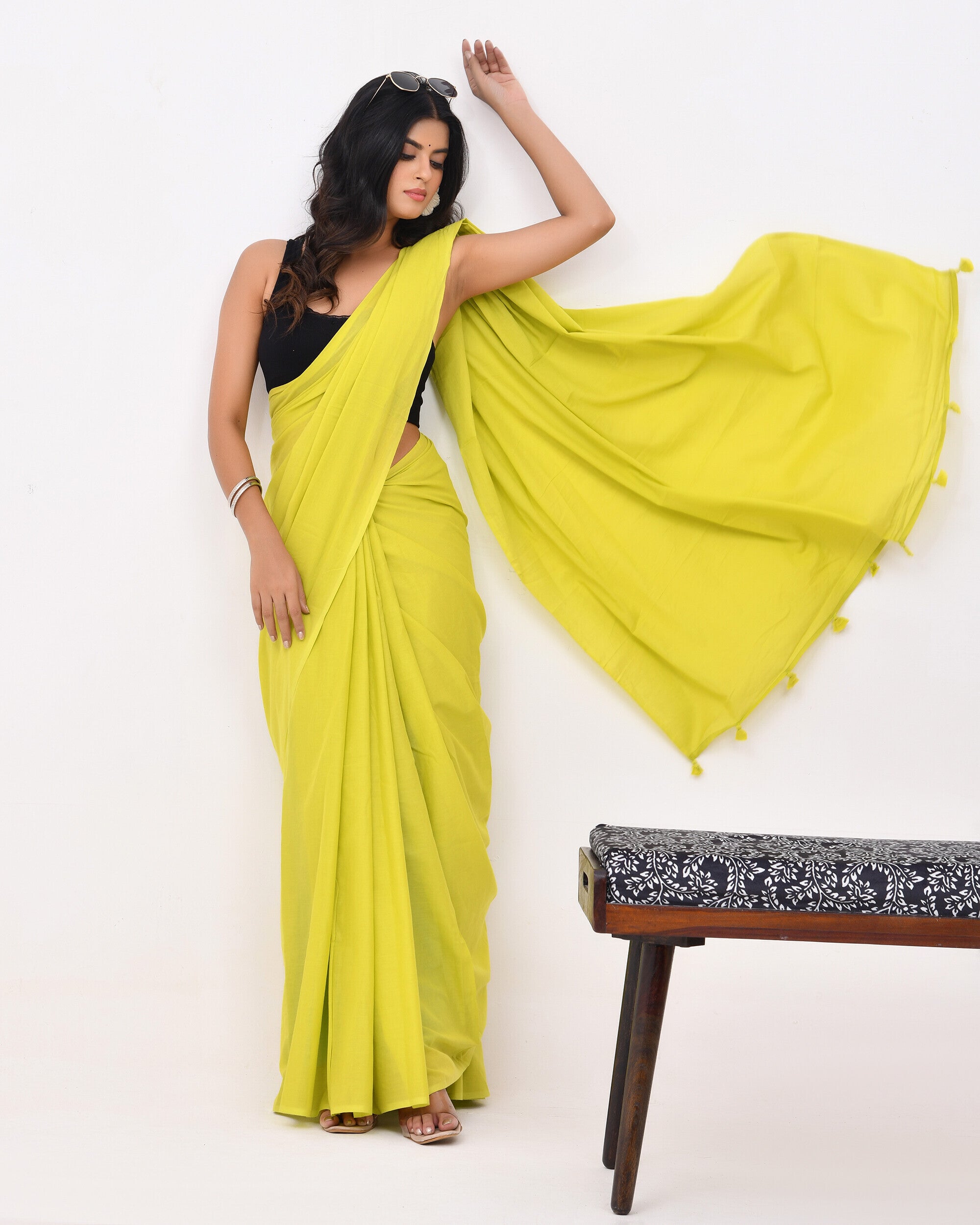 Lime Green Plain Cotton Mulmul Saree