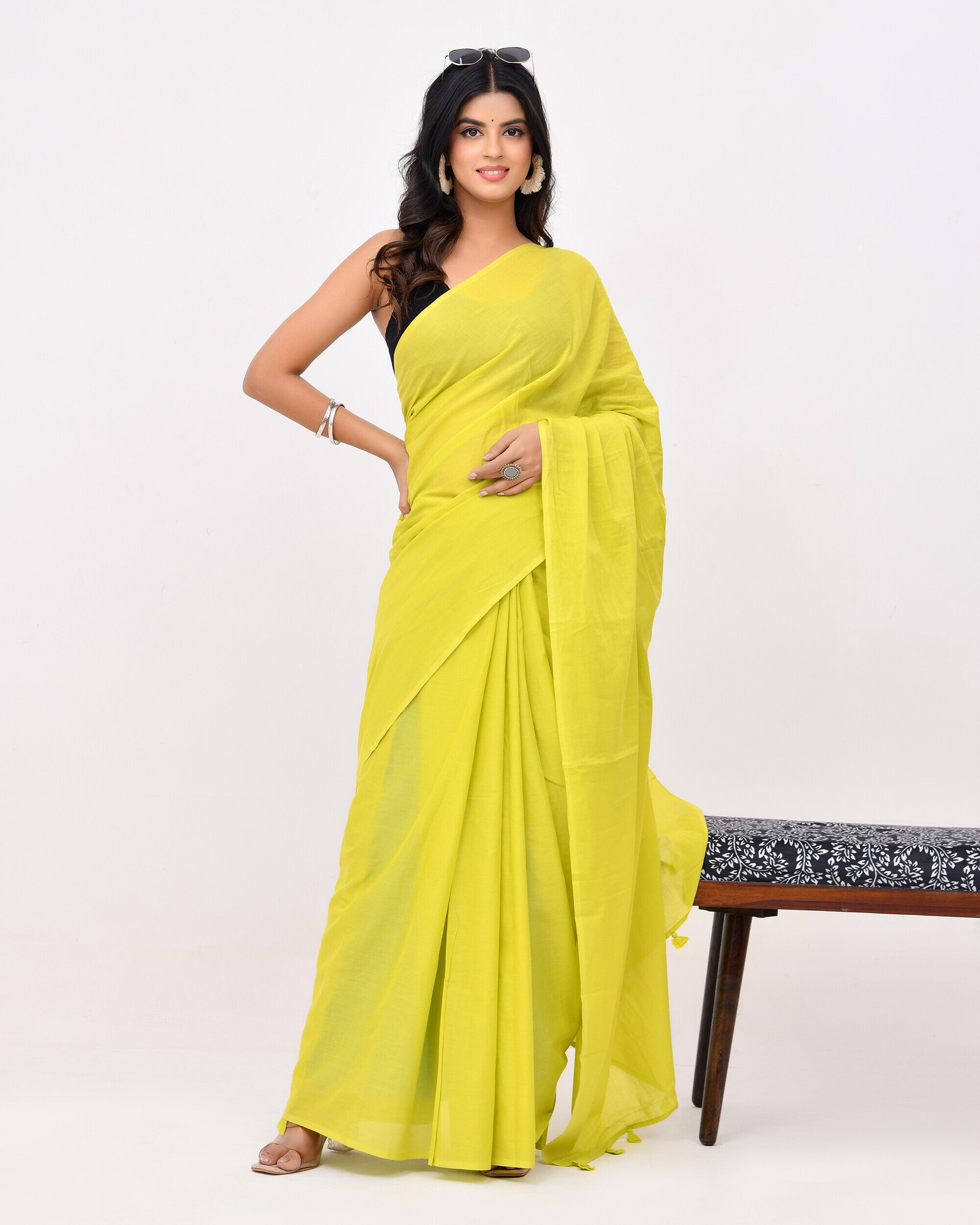 Rajnesa Lime Green Plain Cotton Mulmul Saree - Without Blouse
