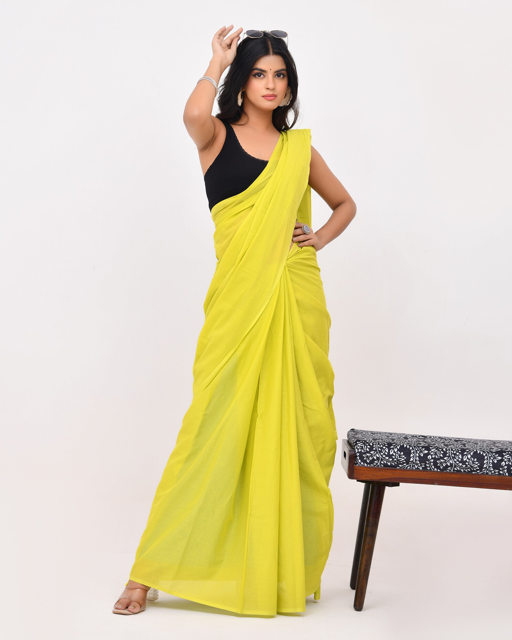 Rajnesa Lime Green Plain Cotton Mulmul Saree - Without Blouse