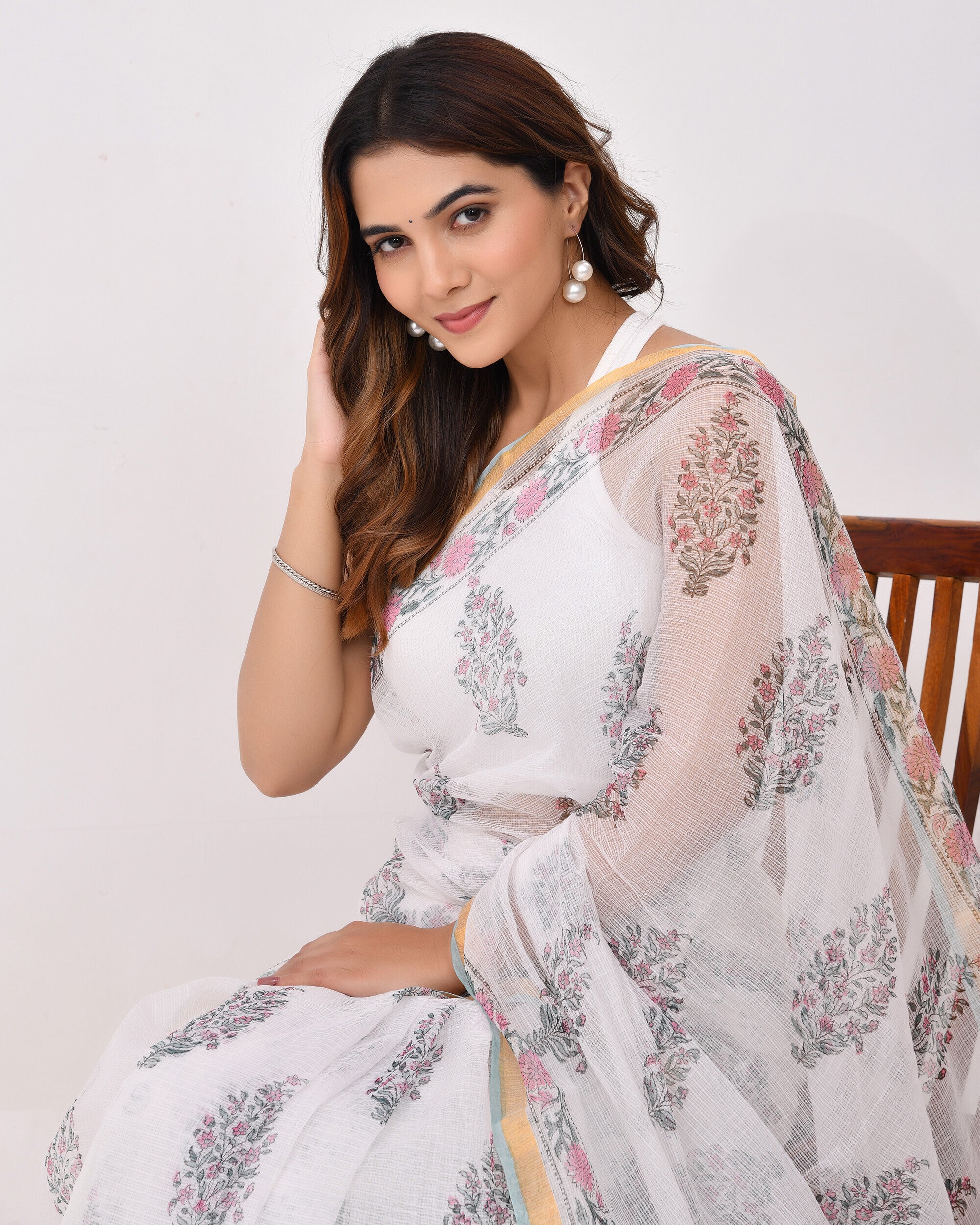 Rajnesa Traditional Block Print Kota Doria Cotton Saree - White Base