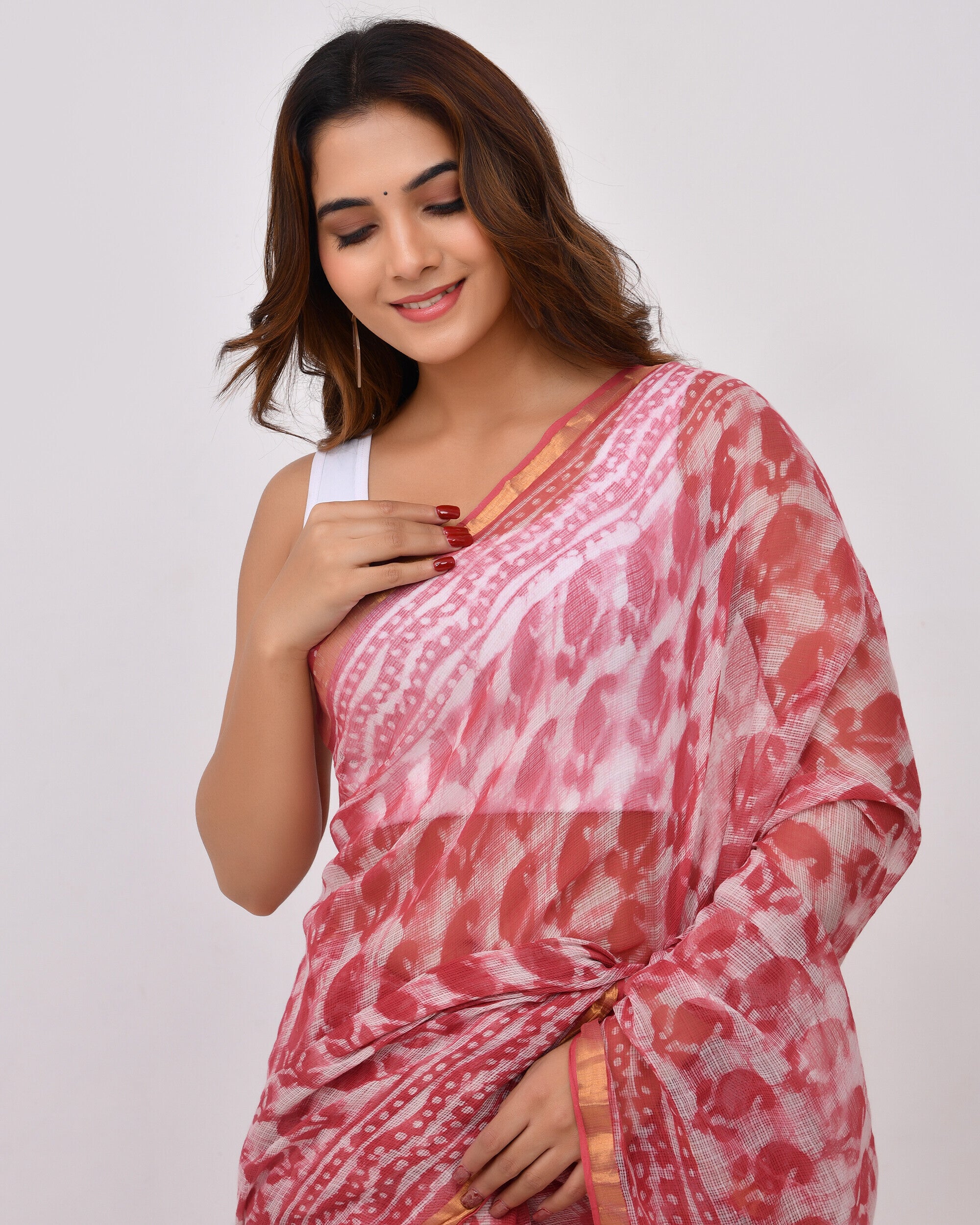 Rajnesa Traditional Block Print Kota Doria Cotton Saree - Carrot Pink