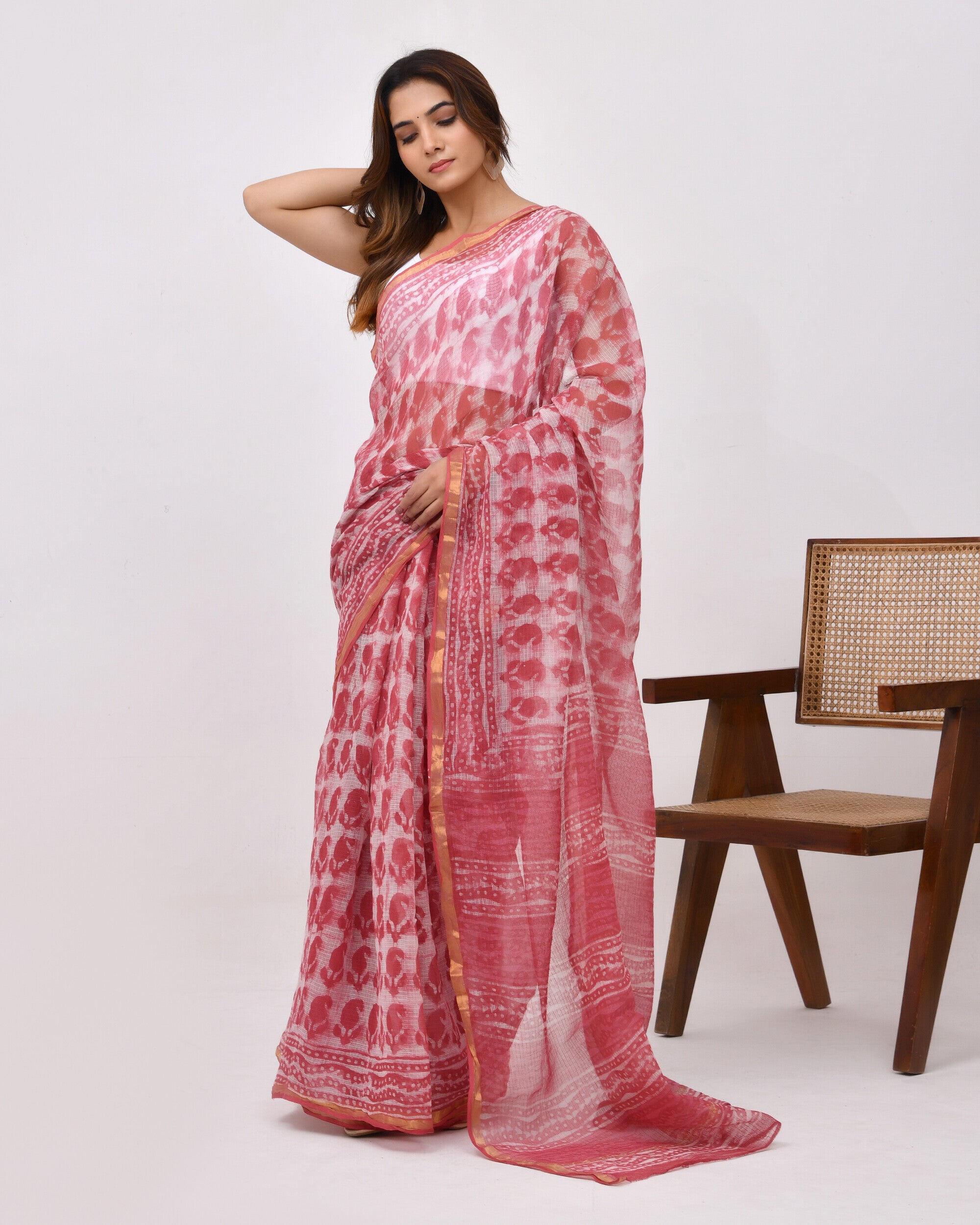 Rajnesa Traditional Block Print Kota Doria Cotton Saree - Carrot Pink