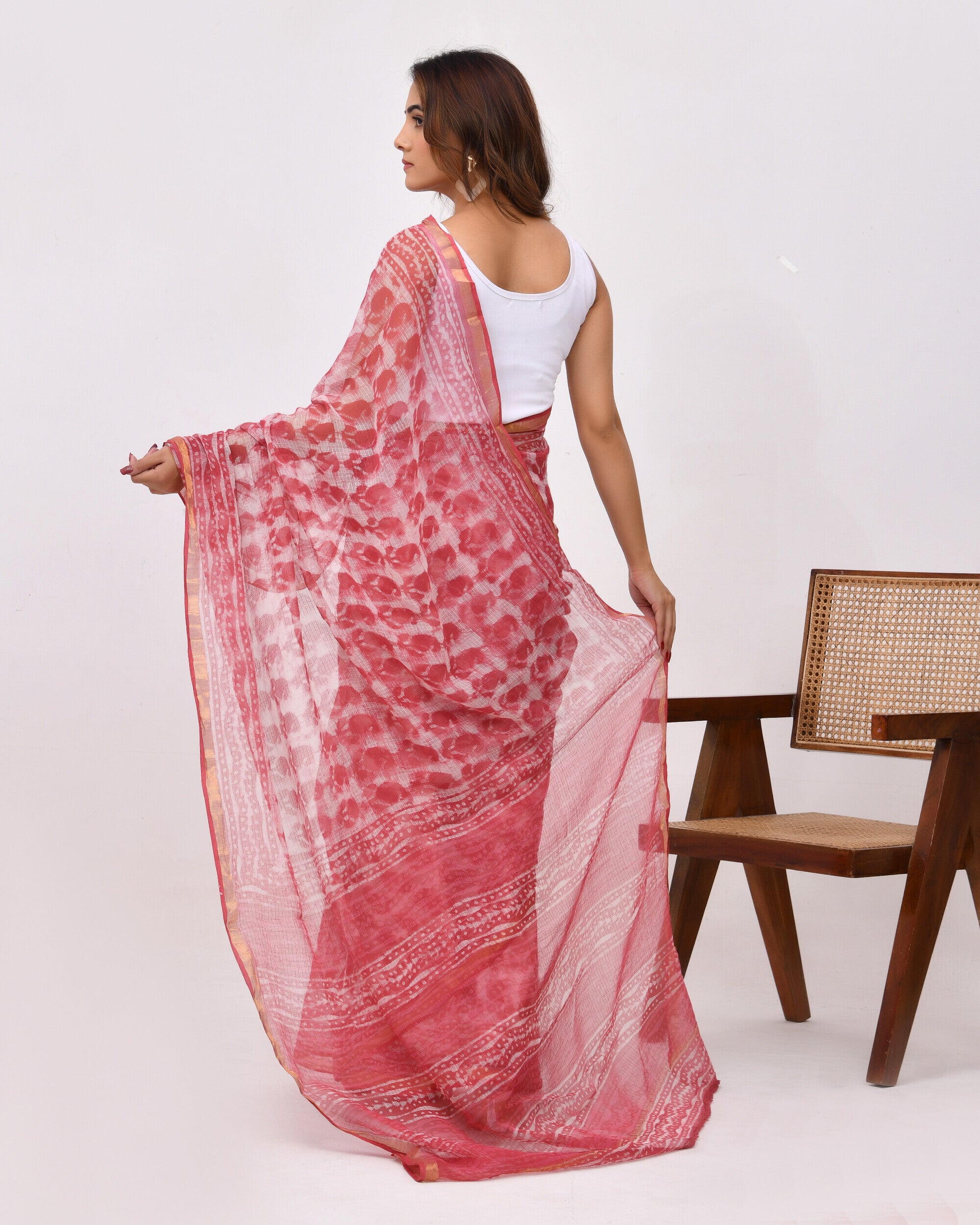 Rajnesa Traditional Block Print Kota Doria Cotton Saree - Carrot Pink