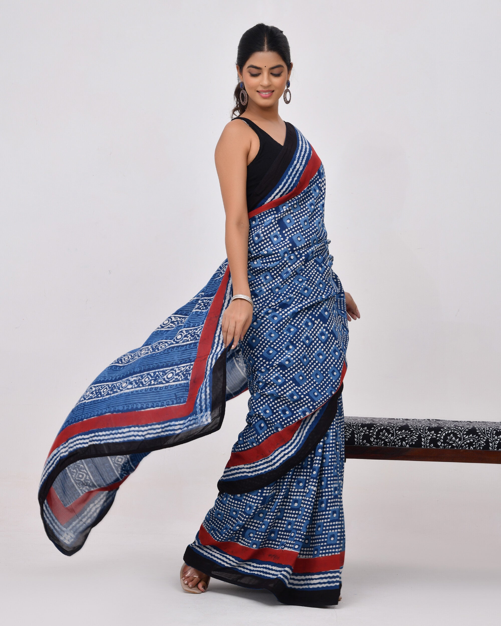 Rajnesa Traditional Block Print Pure Modal Saree - Indigo & Red