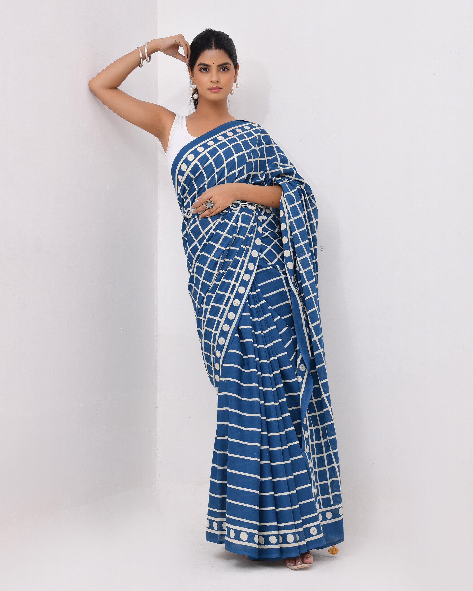 Rajnesa Traditional Half And Half Cotton Mulmul Saree - Indigo Checks