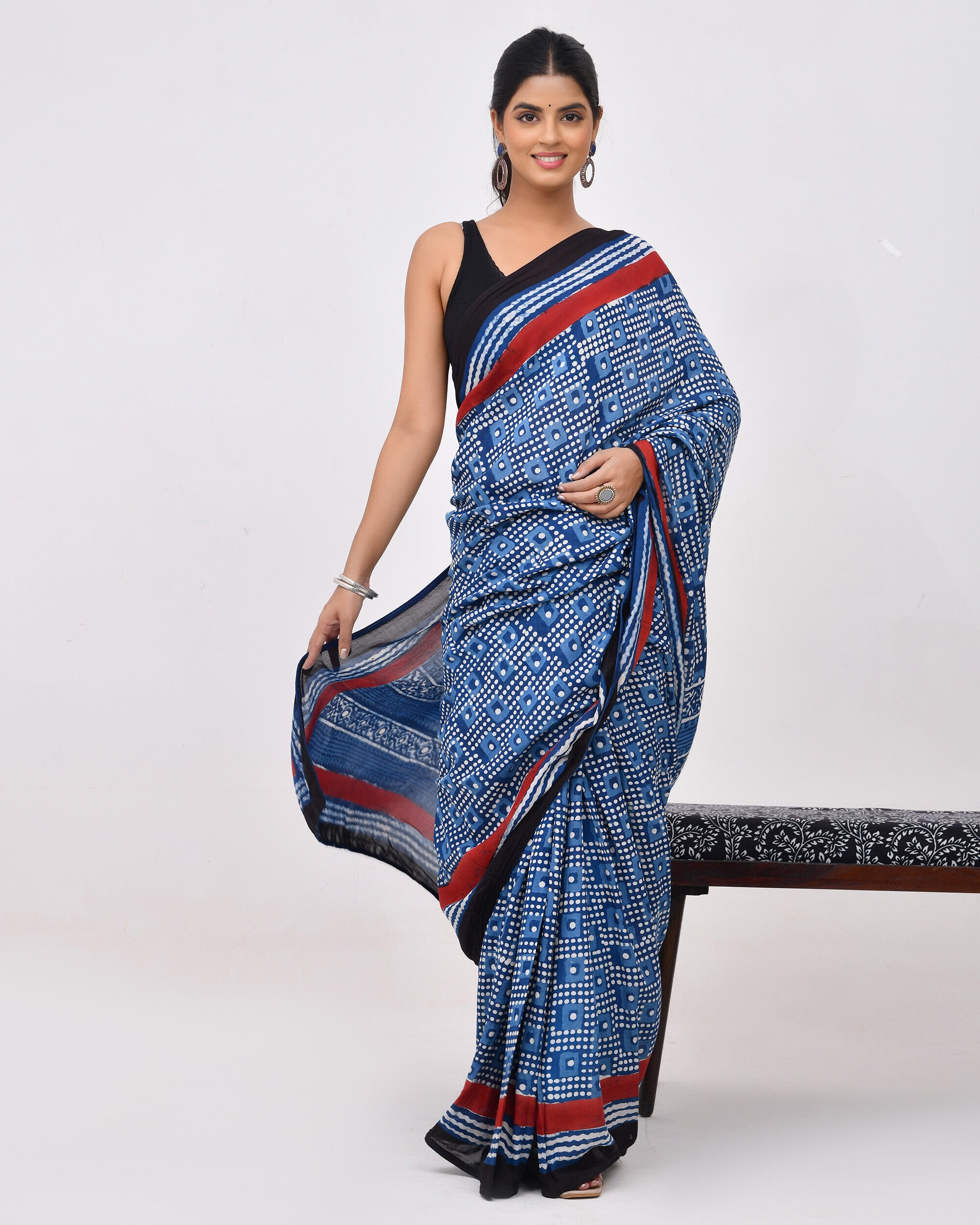 Rajnesa Traditional Block Print Pure Modal Saree - Indigo & Red