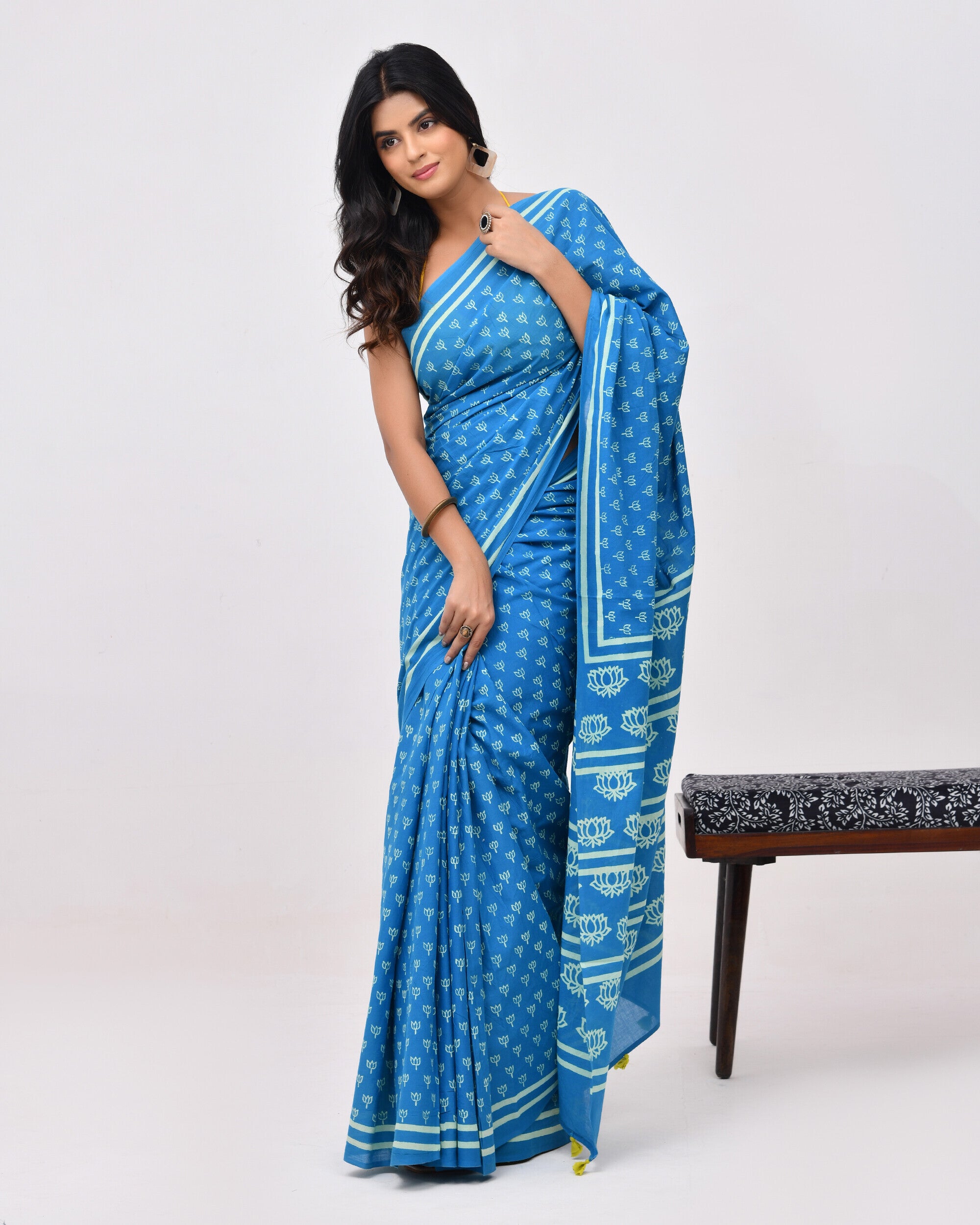 Half & Half Cotton Mulmul Saree – Light Blue & Yellow