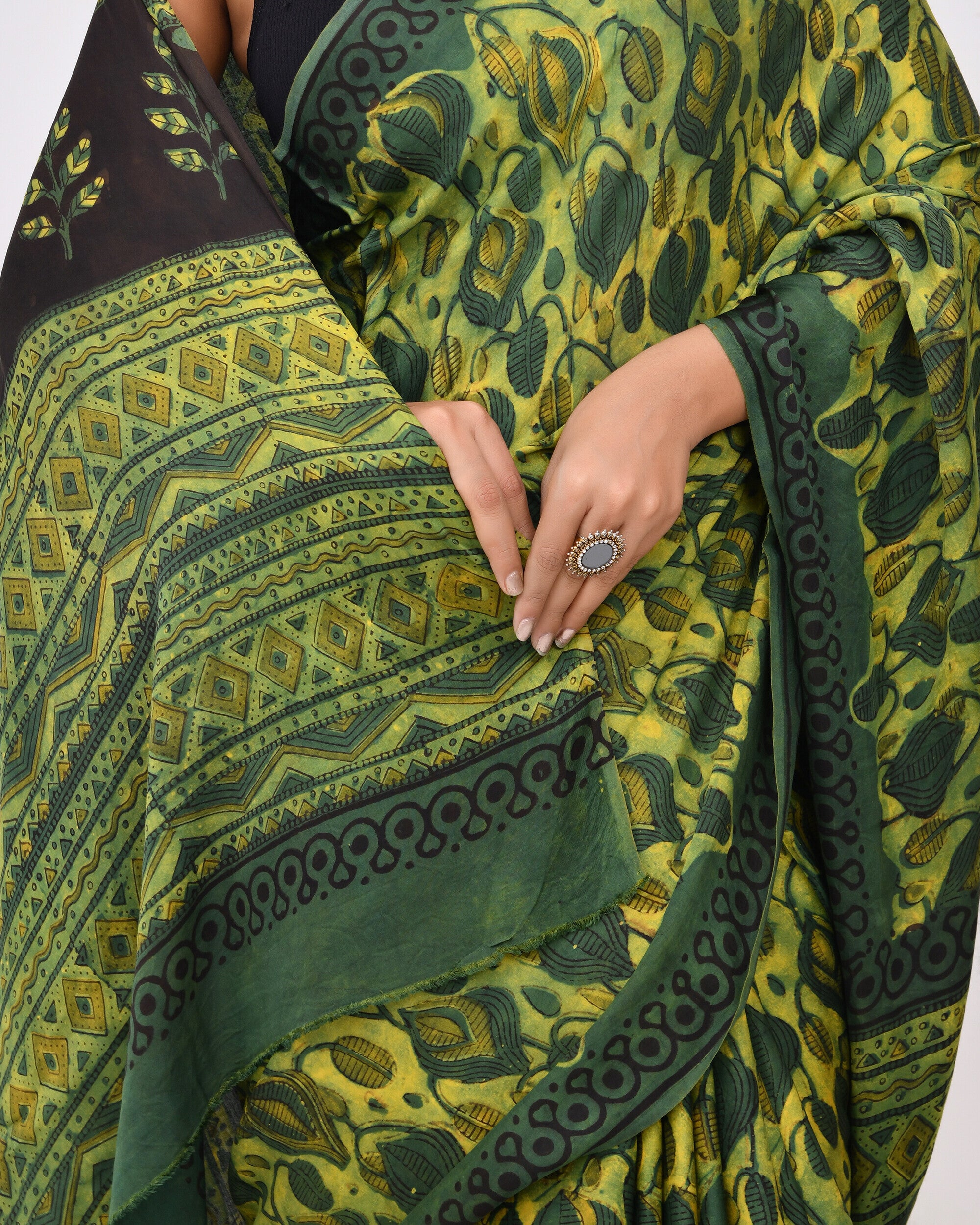 Rajnesa Traditional Block Print Modal Silk Saree - Forest Green