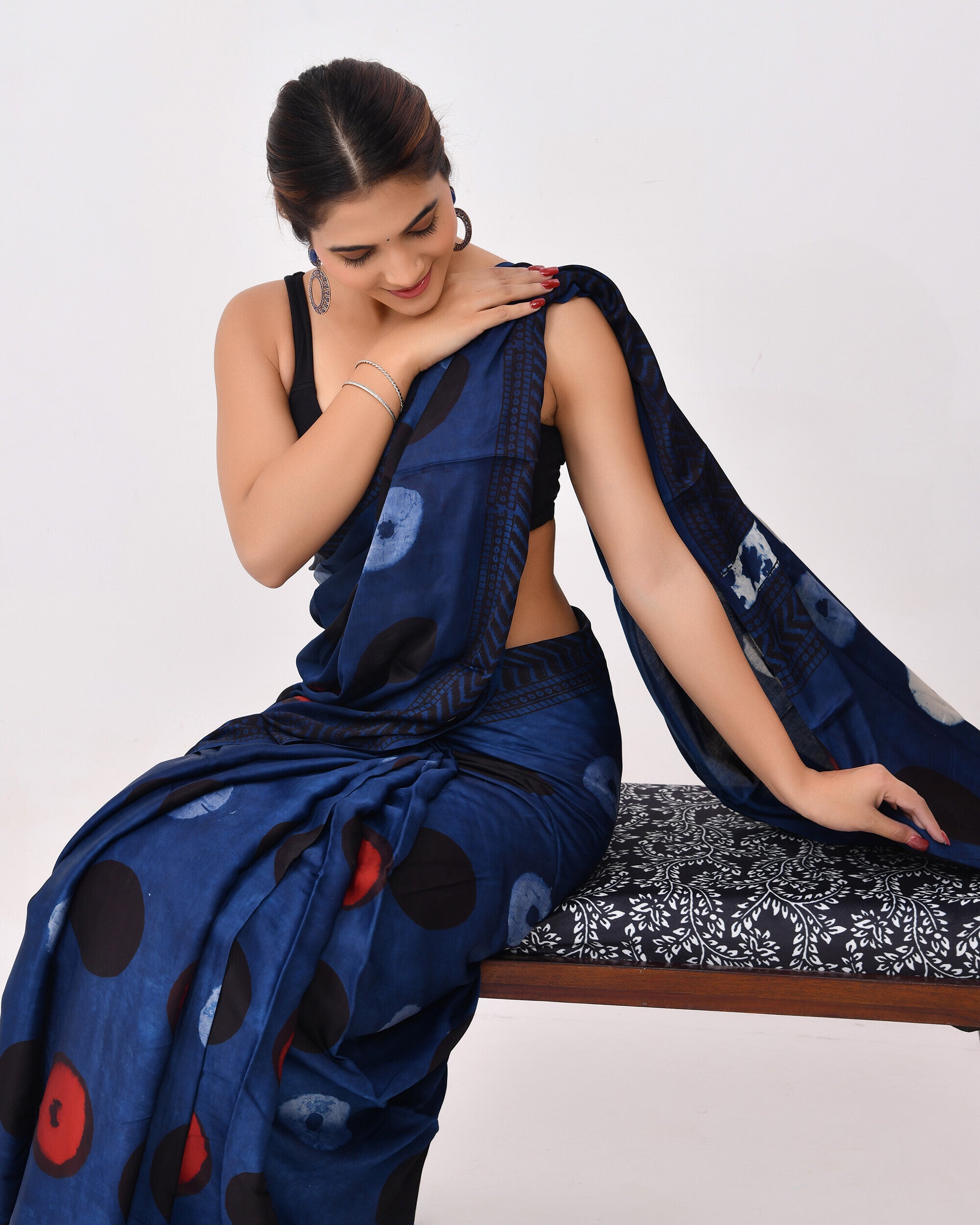 Rajnesa Traditional Block Print Modal Silk Saree - Indigo & Blue