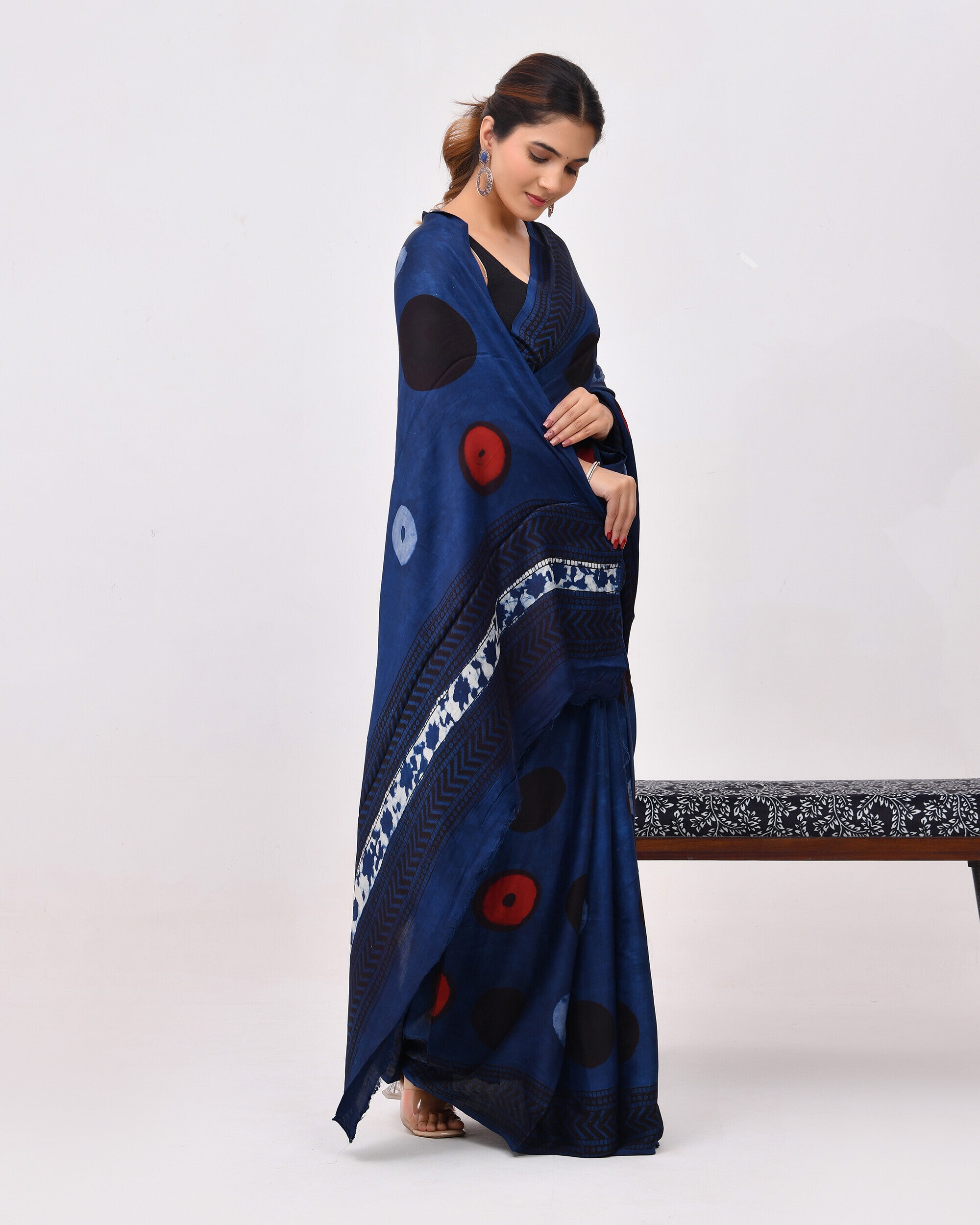 Rajnesa Traditional Block Print Modal Silk Saree - Indigo & Blue