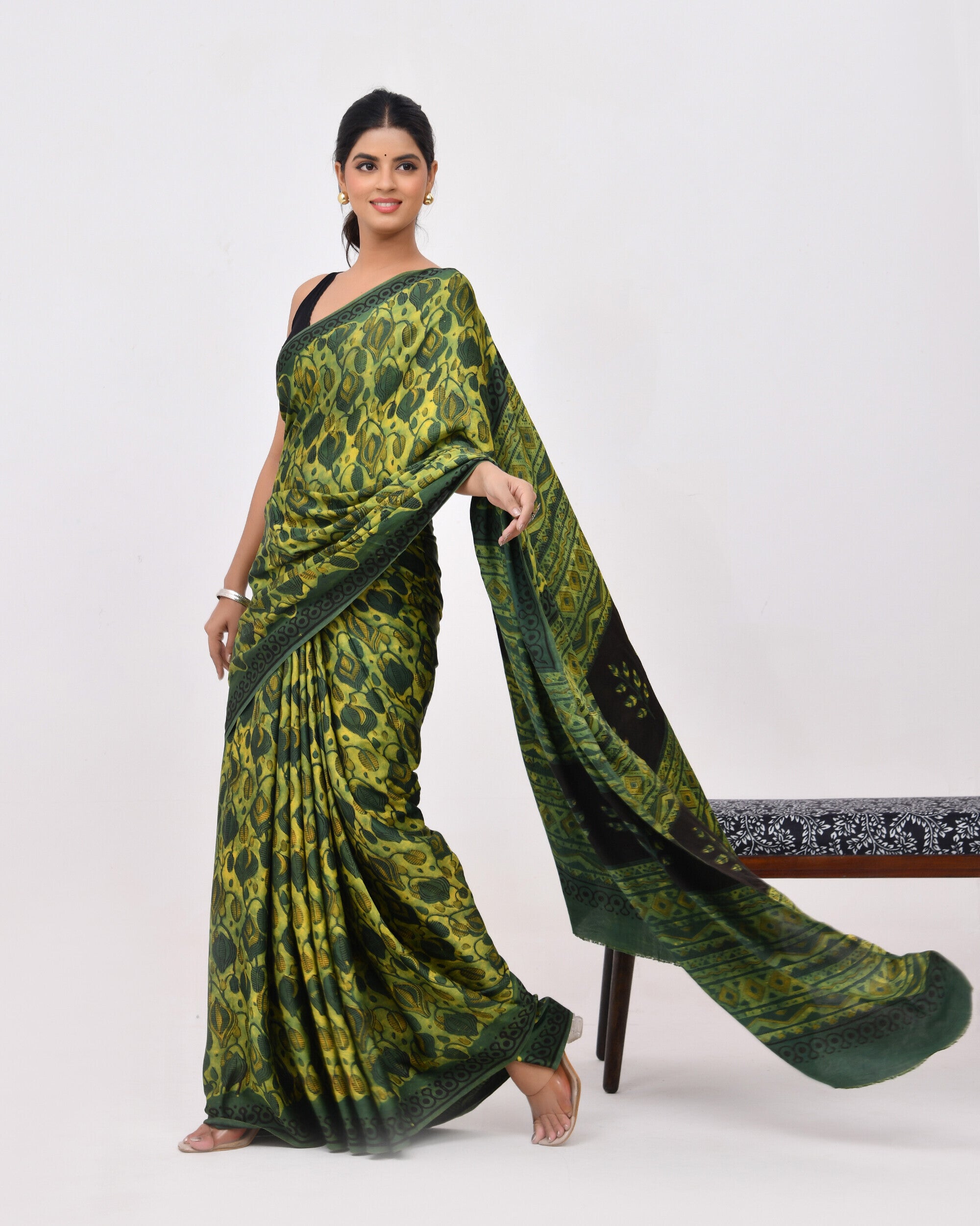 Rajnesa Traditional Block Print Modal Silk Saree - Forest Green