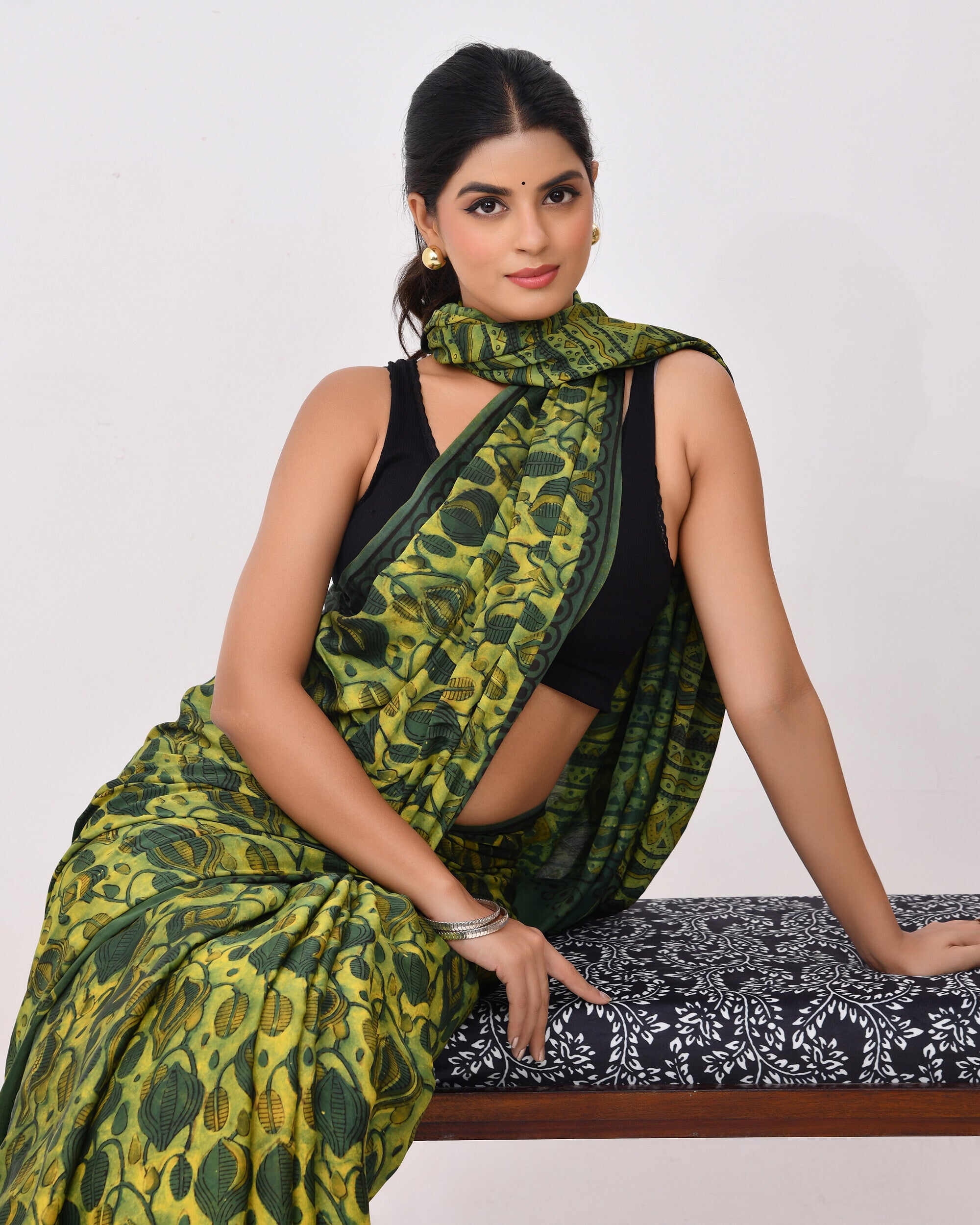 Rajnesa Traditional Block Print Modal Silk Saree - Forest Green