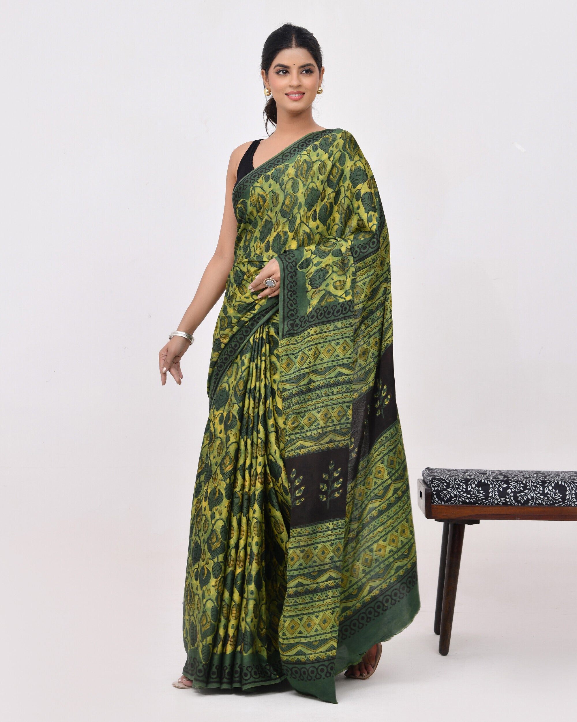 Forest Green Block Printed Modal Silk Saree