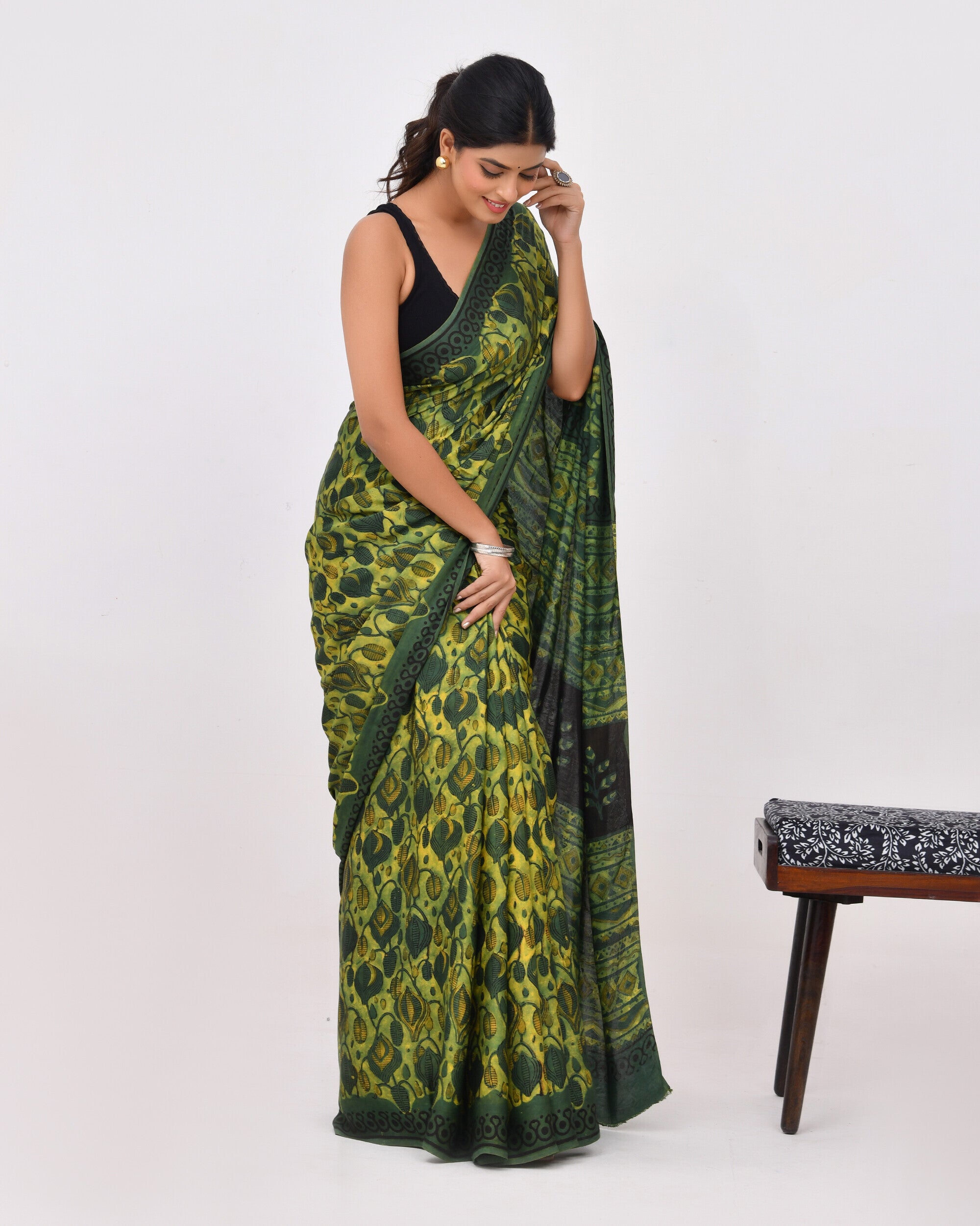 Rajnesa Traditional Block Print Modal Silk Saree - Forest Green