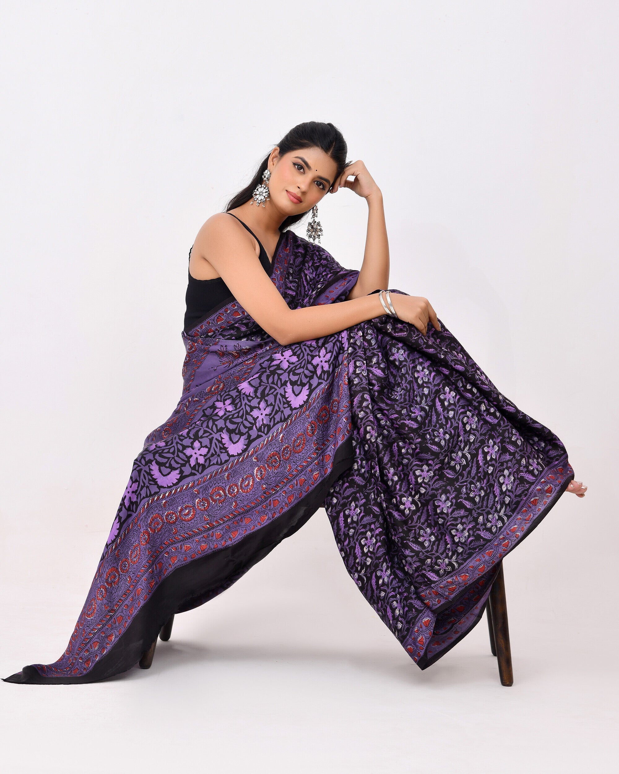 Rajnesa Traditional Block Print Modal Silk Saree - Black & Purple