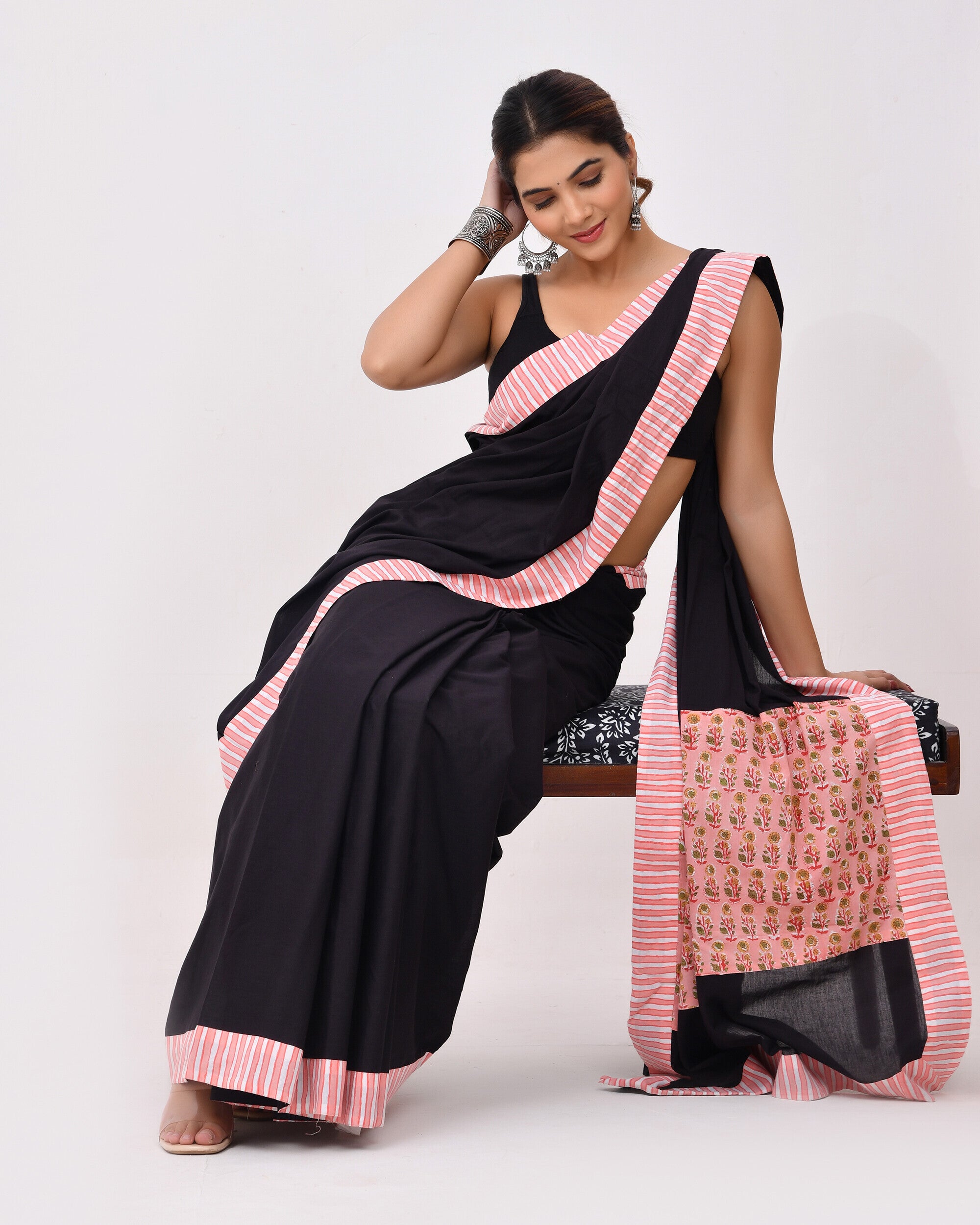 Rajnesa Traditional Patch Work Cotton Mulmul Saree - Black & Peach