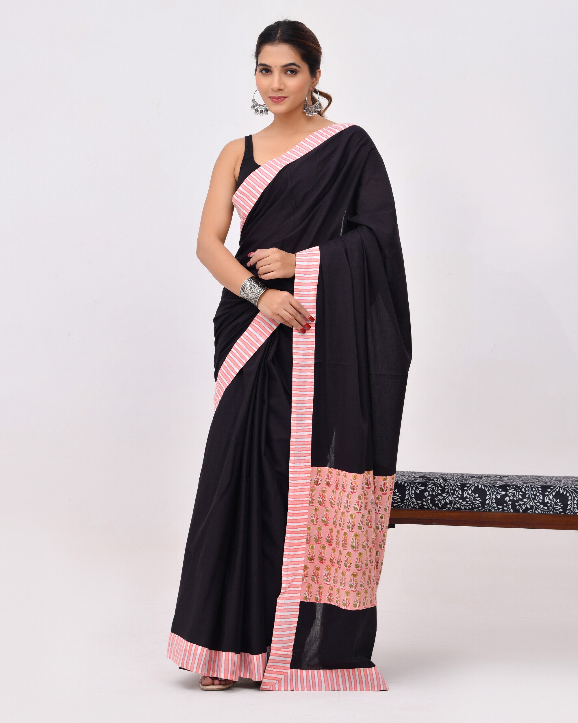 Patchwork Cotton Mulmul Saree in Black & Peach