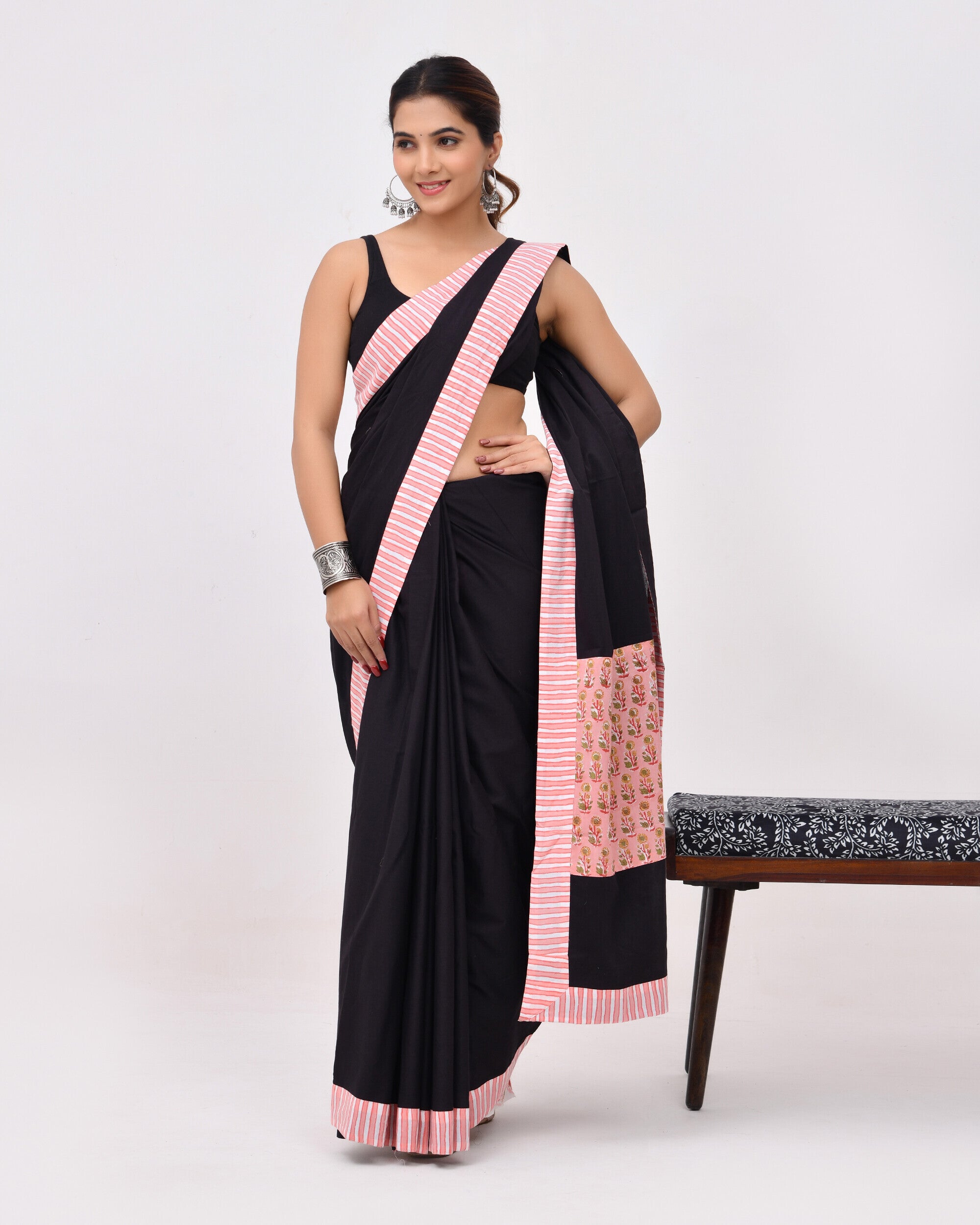 Rajnesa Traditional Patch Work Cotton Mulmul Saree - Black & Peach