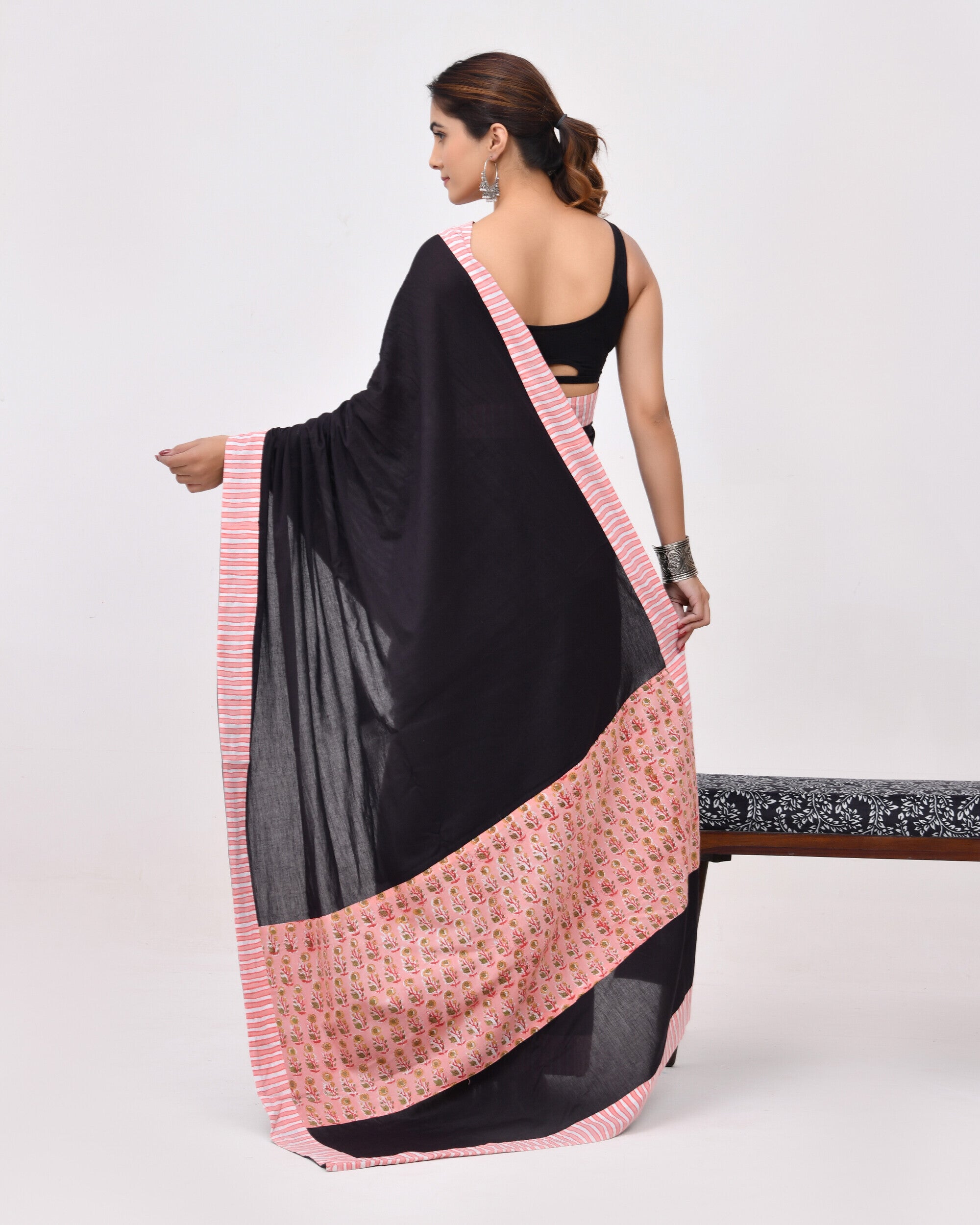 Rajnesa Traditional Patch Work Cotton Mulmul Saree - Black & Peach