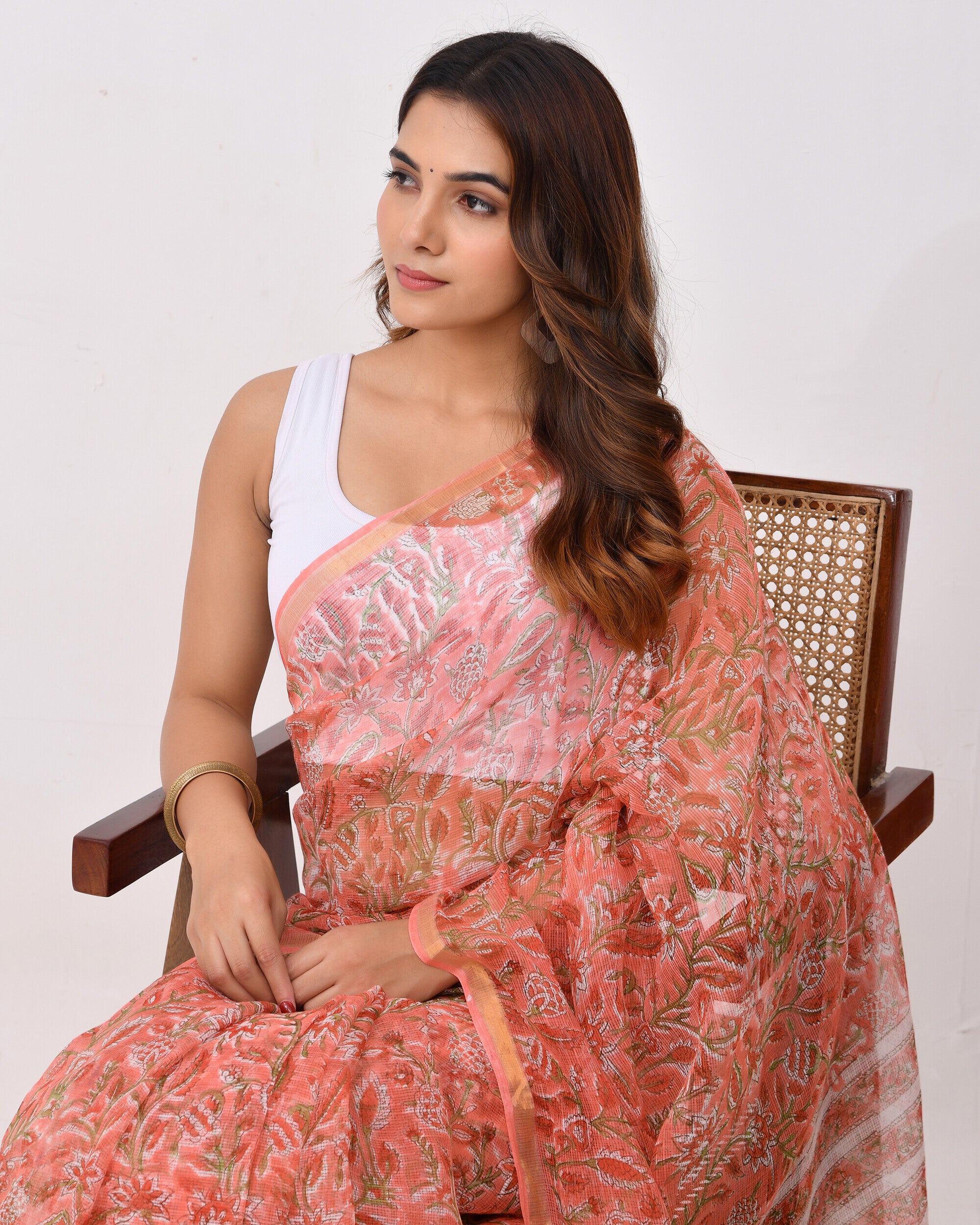 Rajnesa Traditional Block Print Kota Doria Cotton Saree - Peach Jaal