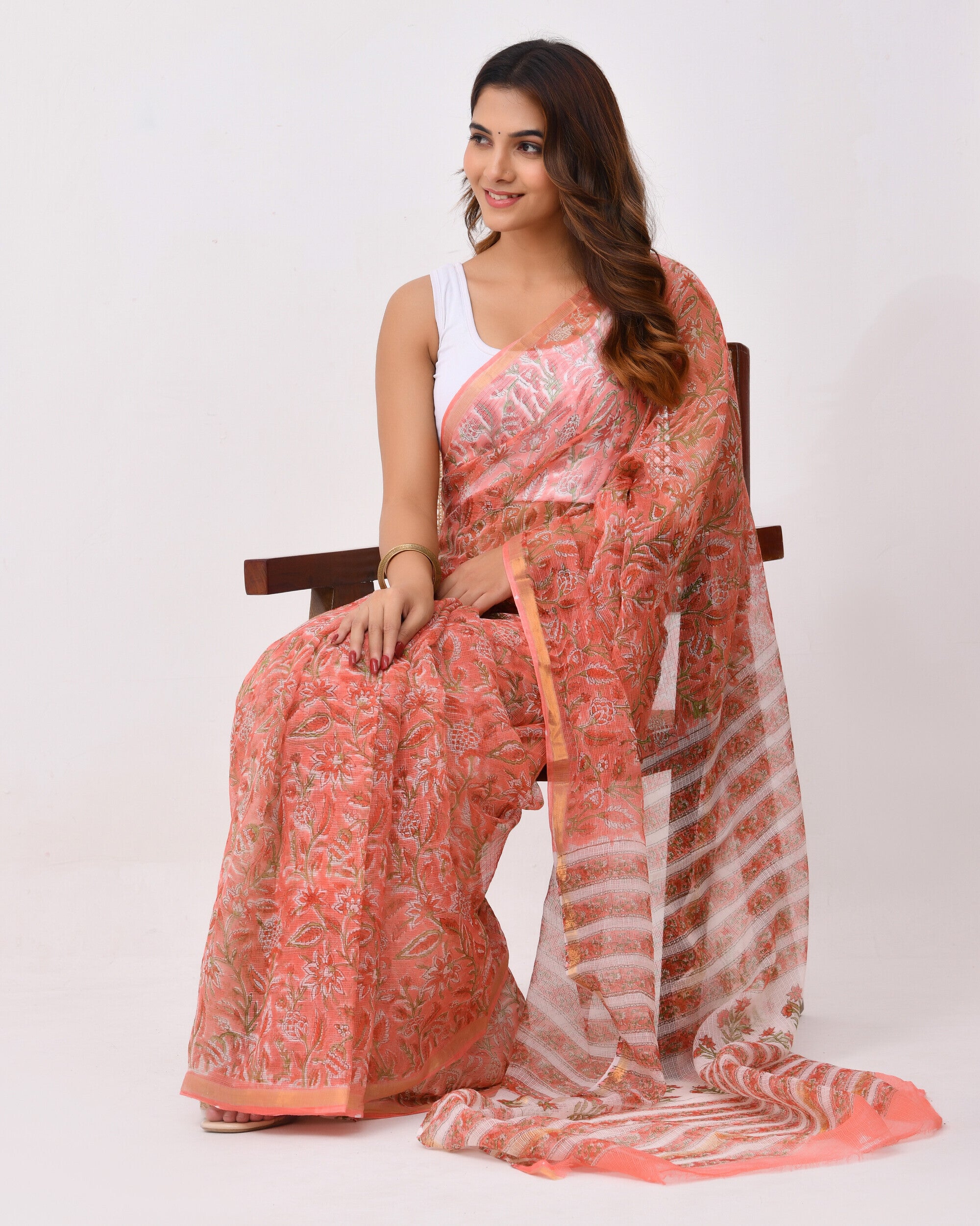 Rajnesa Traditional Block Print Kota Doria Cotton Saree - Peach Jaal