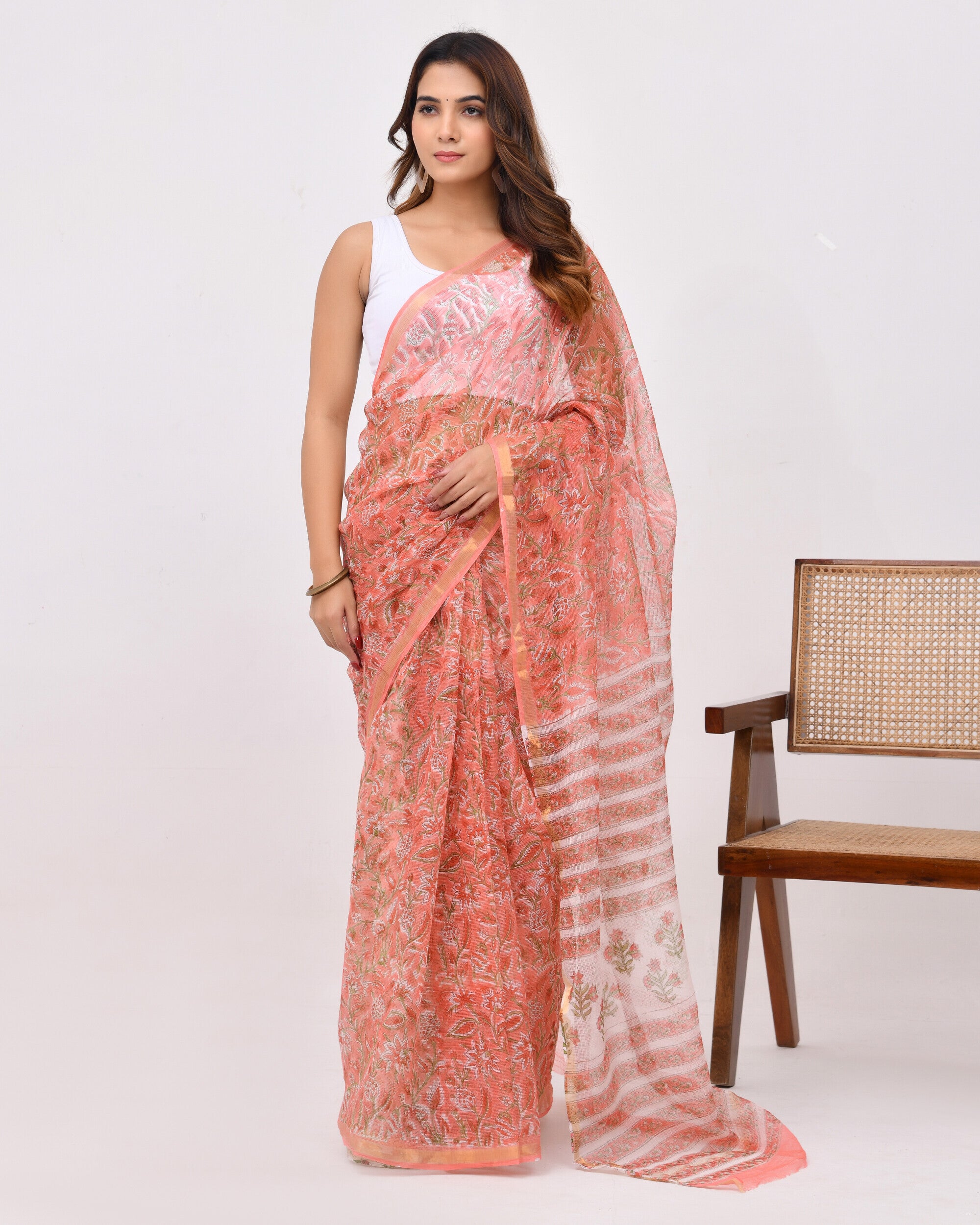 Rajnesa Traditional Block Print Kota Doria Cotton Saree - Peach Jaal