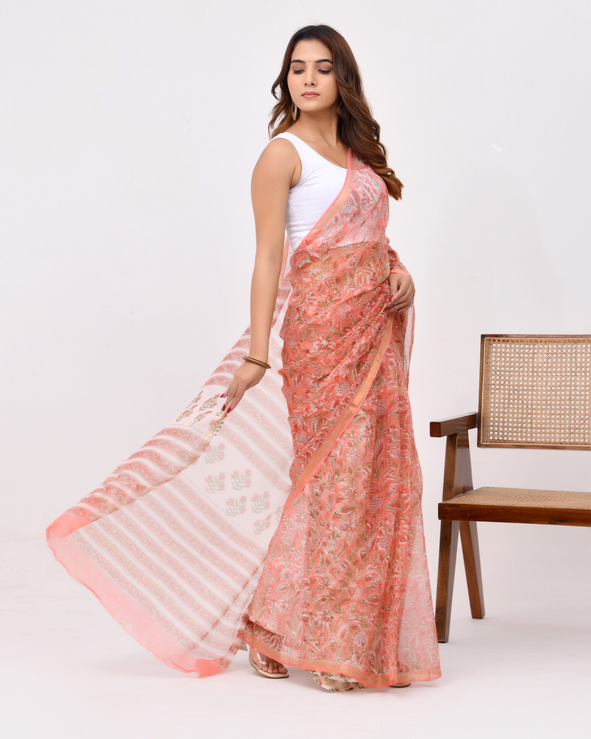 Rajnesa Traditional Block Print Kota Doria Cotton Saree - Peach Jaal