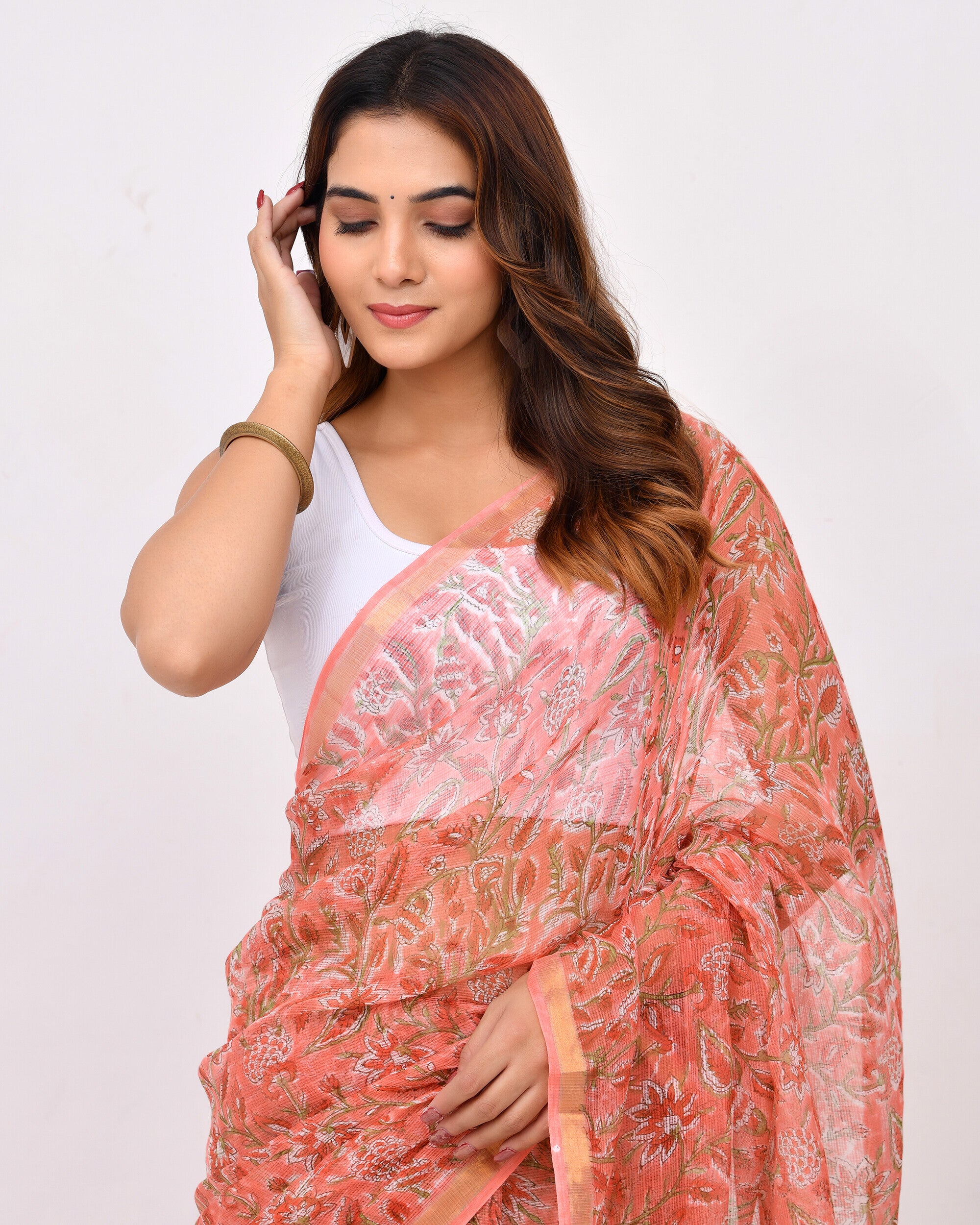 Rajnesa Traditional Block Print Kota Doria Cotton Saree - Peach Jaal