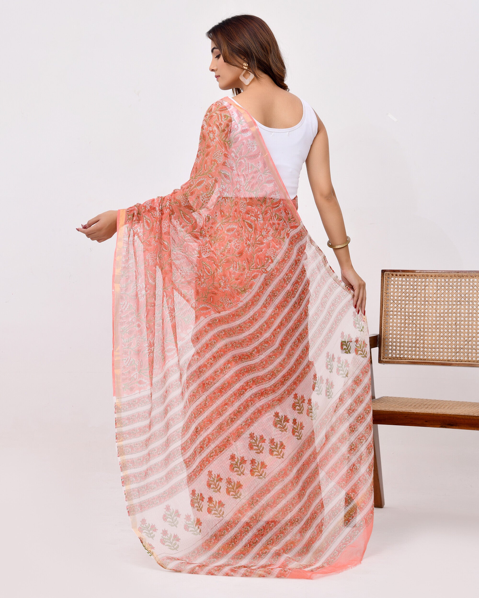 Rajnesa Traditional Block Print Kota Doria Cotton Saree - Peach Jaal