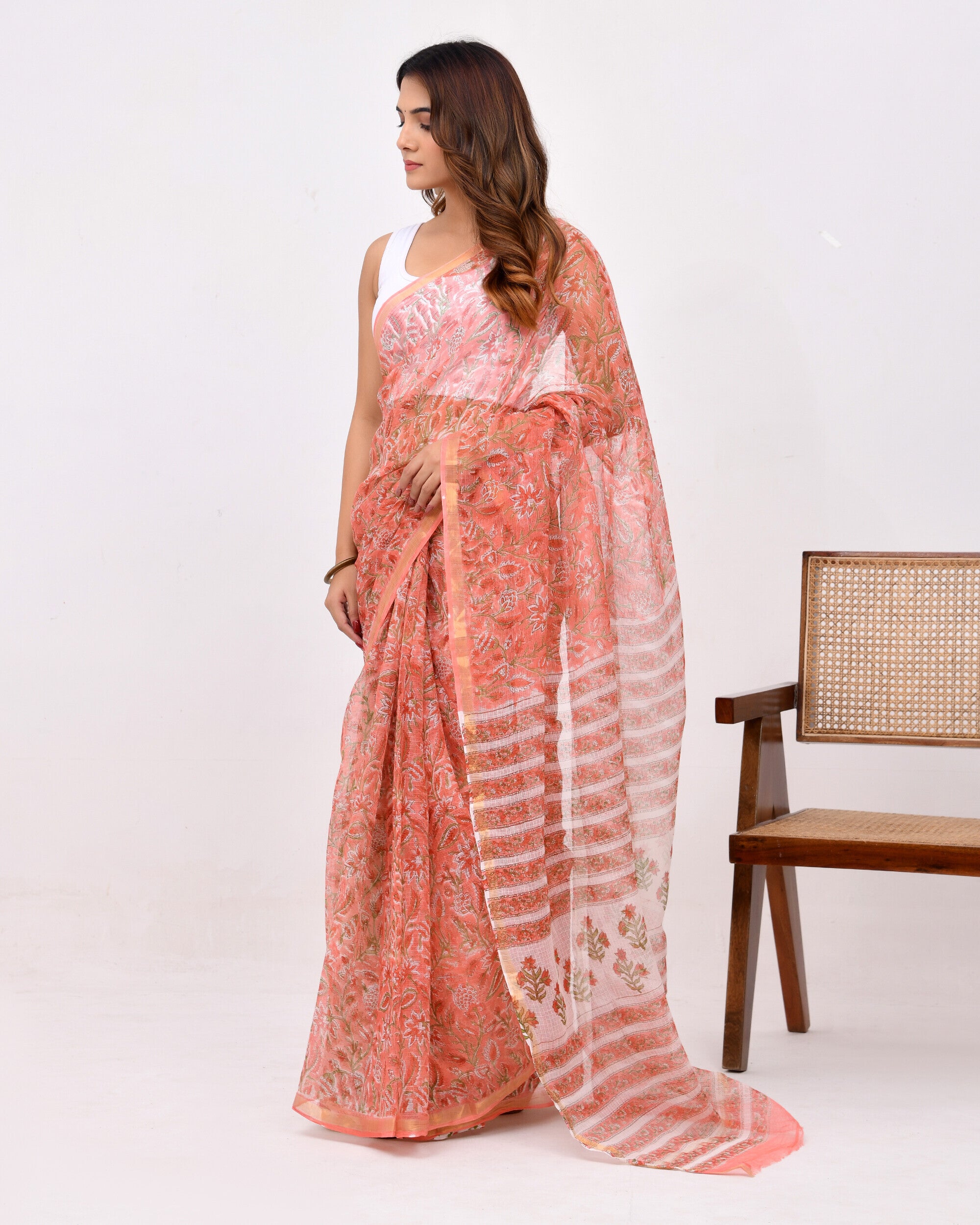 Peach Block Printed Kota Doria Cotton Saree