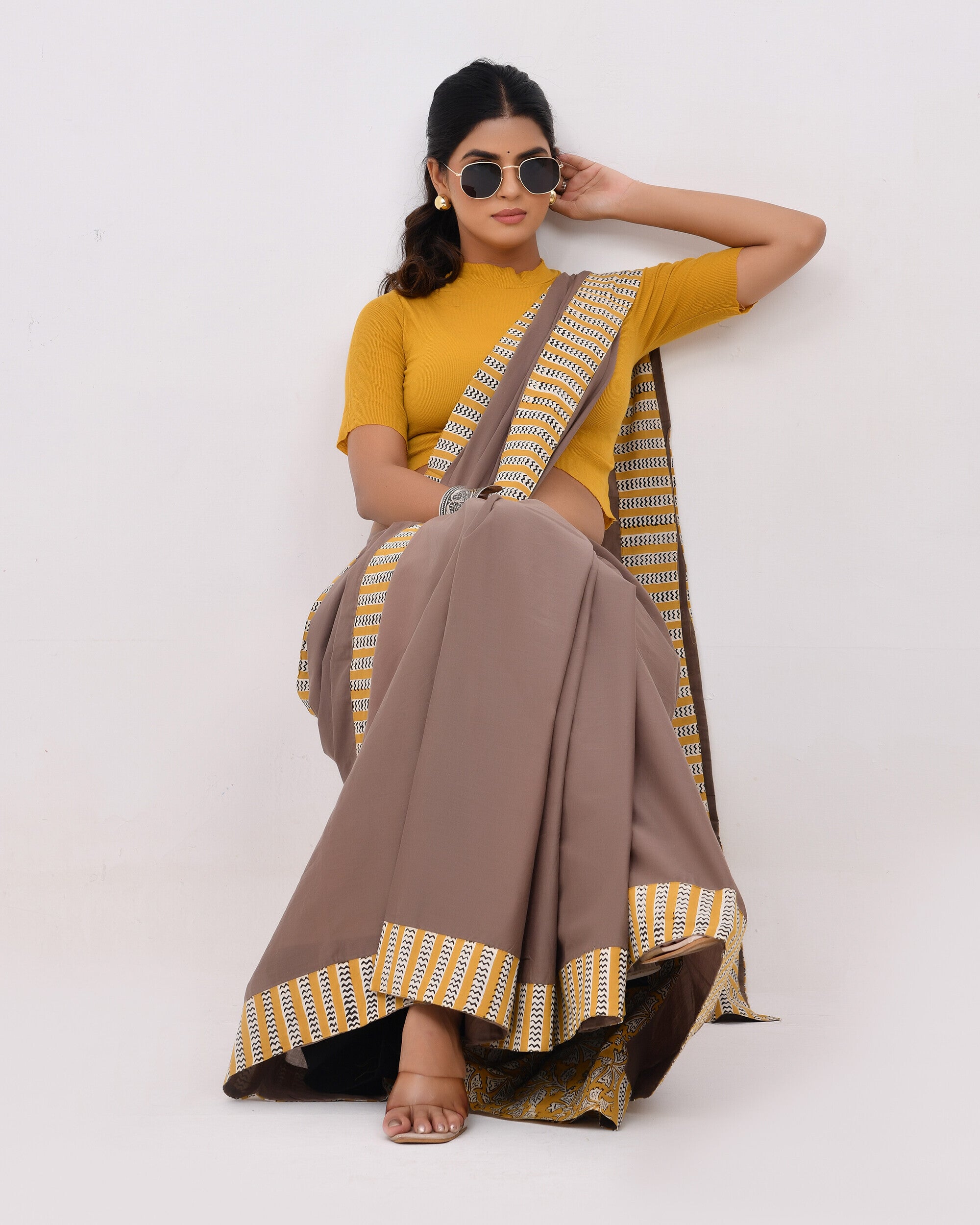 Rajnesa Traditional Patch Work Cotton Mulmul Saree - Mud & Mustard