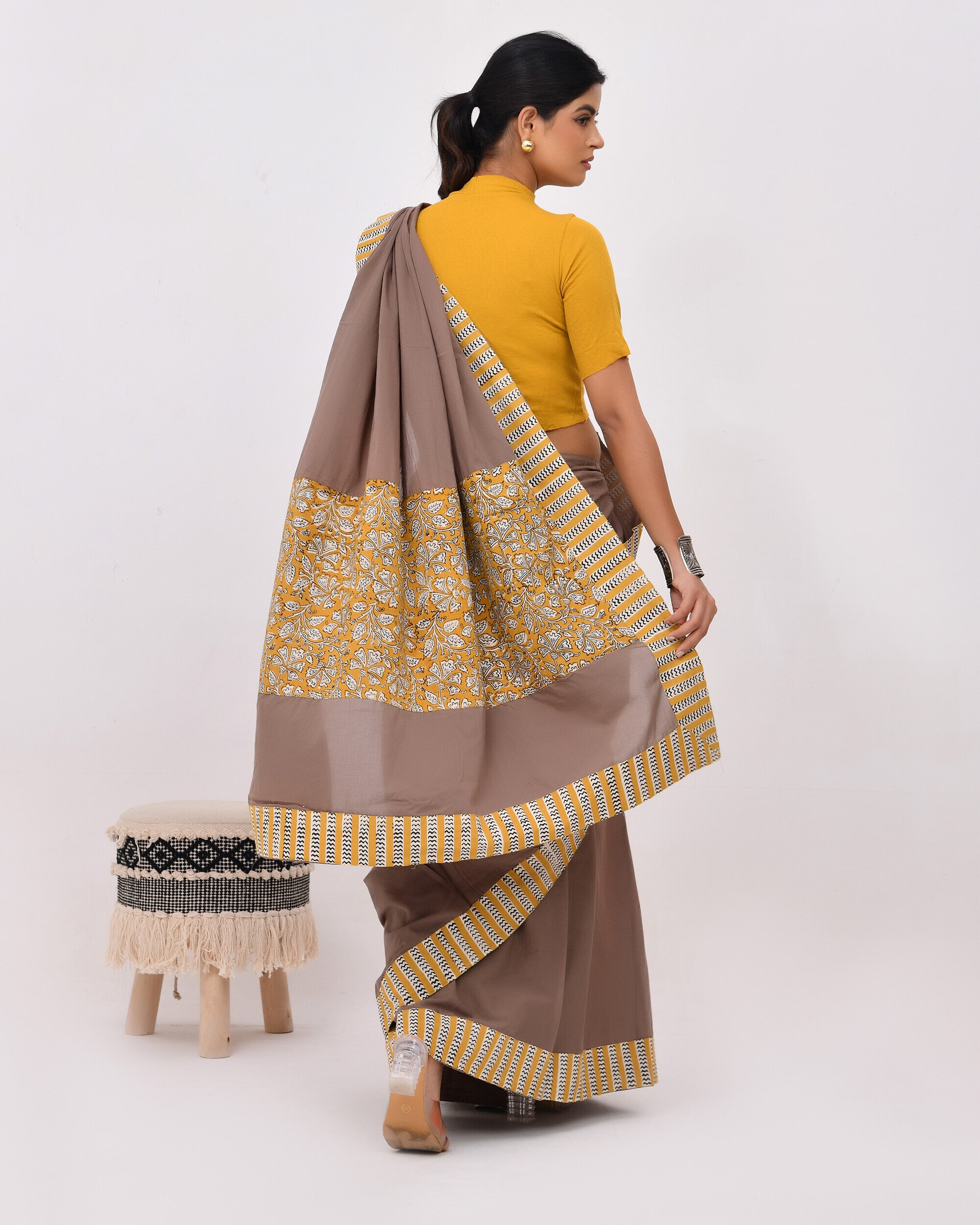 Rajnesa Traditional Patch Work Cotton Mulmul Saree - Mud & Mustard