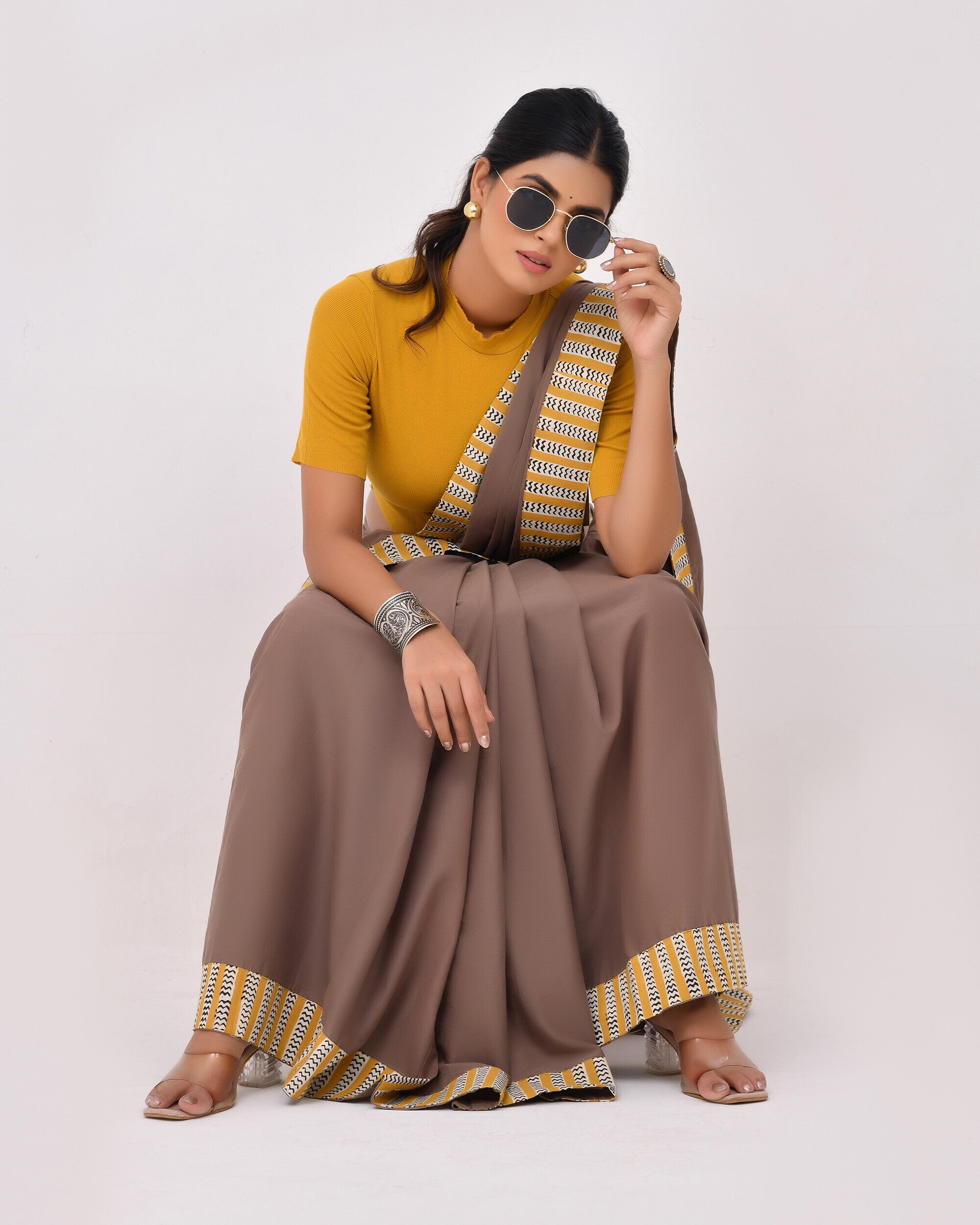 Rajnesa Traditional Patch Work Cotton Mulmul Saree - Mud & Mustard
