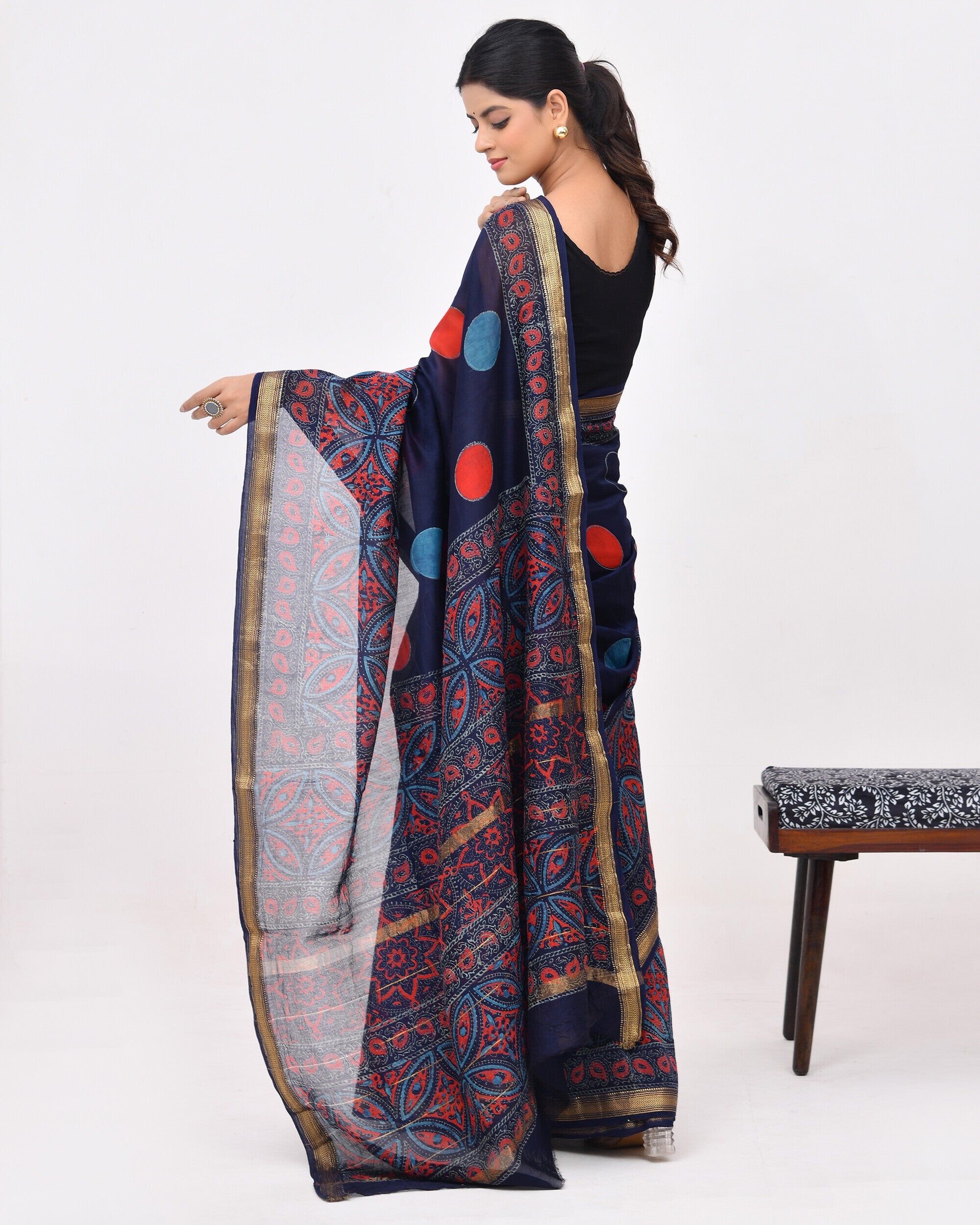 Rajnesa Traditional Block Print Maheshwari Silk Saree - Navy Blue