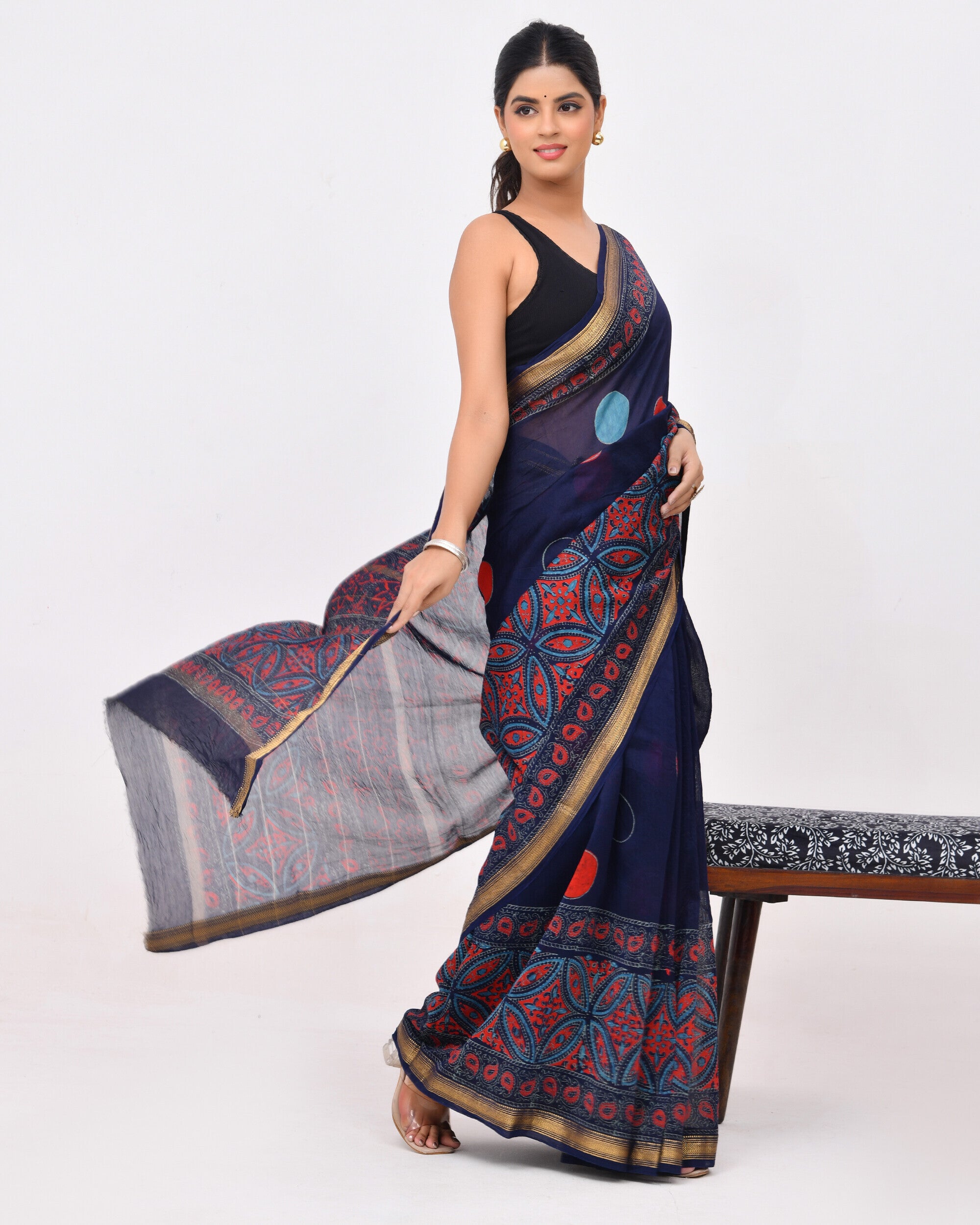 Rajnesa Traditional Block Print Maheshwari Silk Saree - Navy Blue