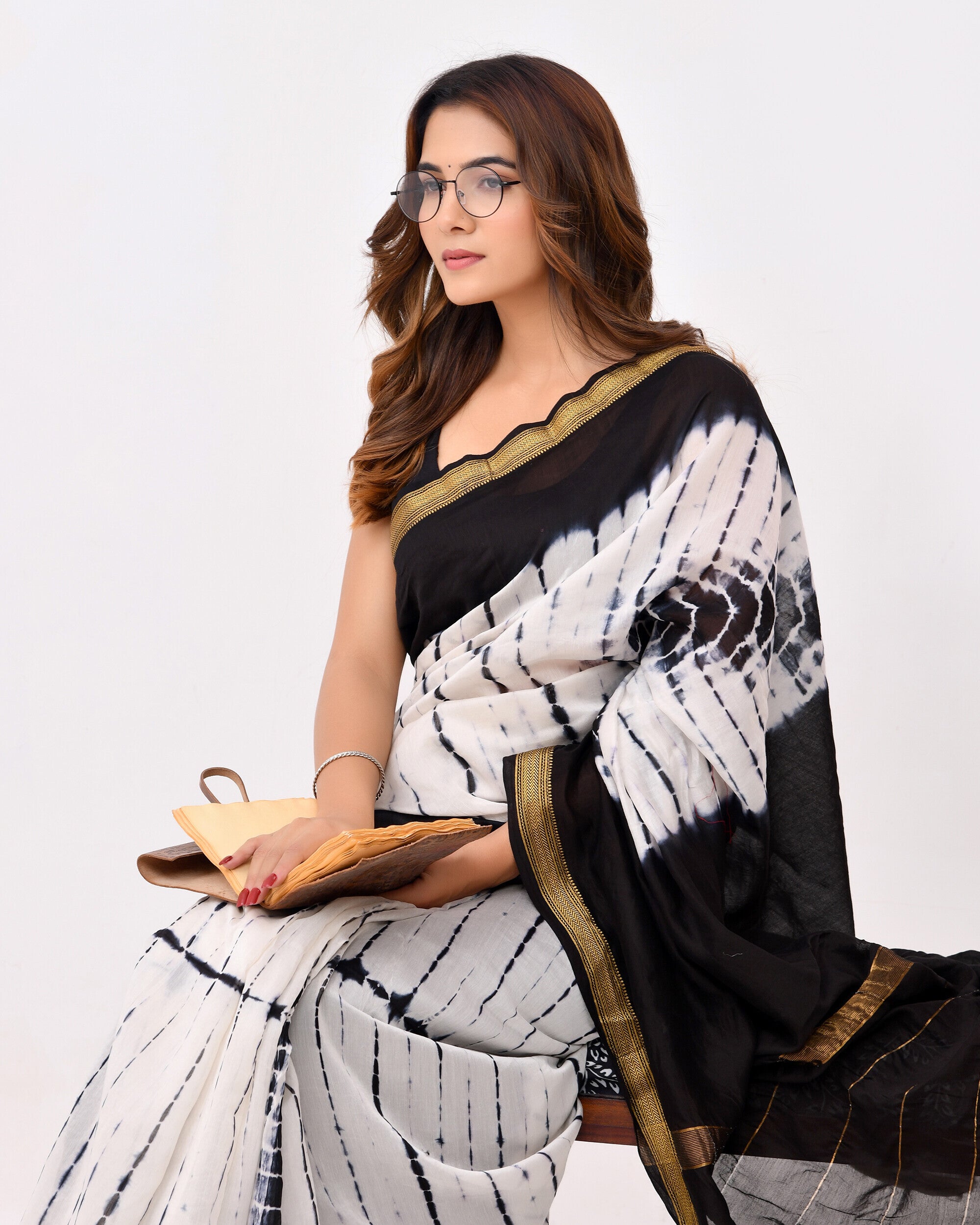 Rajnesa Traditional Block Print Modal Silk Saree - Black & White
