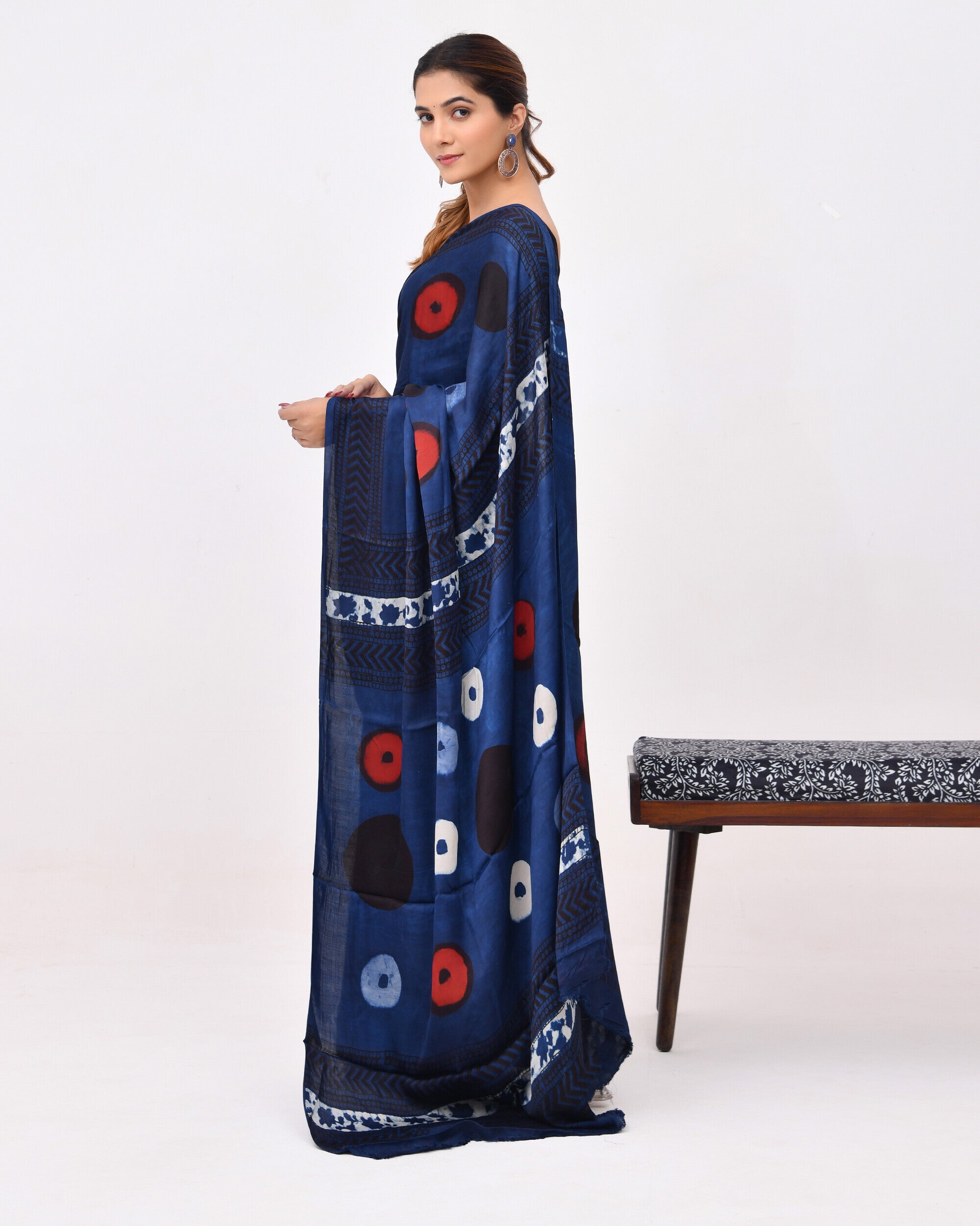 Rajnesa Traditional Block Print Modal Silk Saree - Indigo & Blue