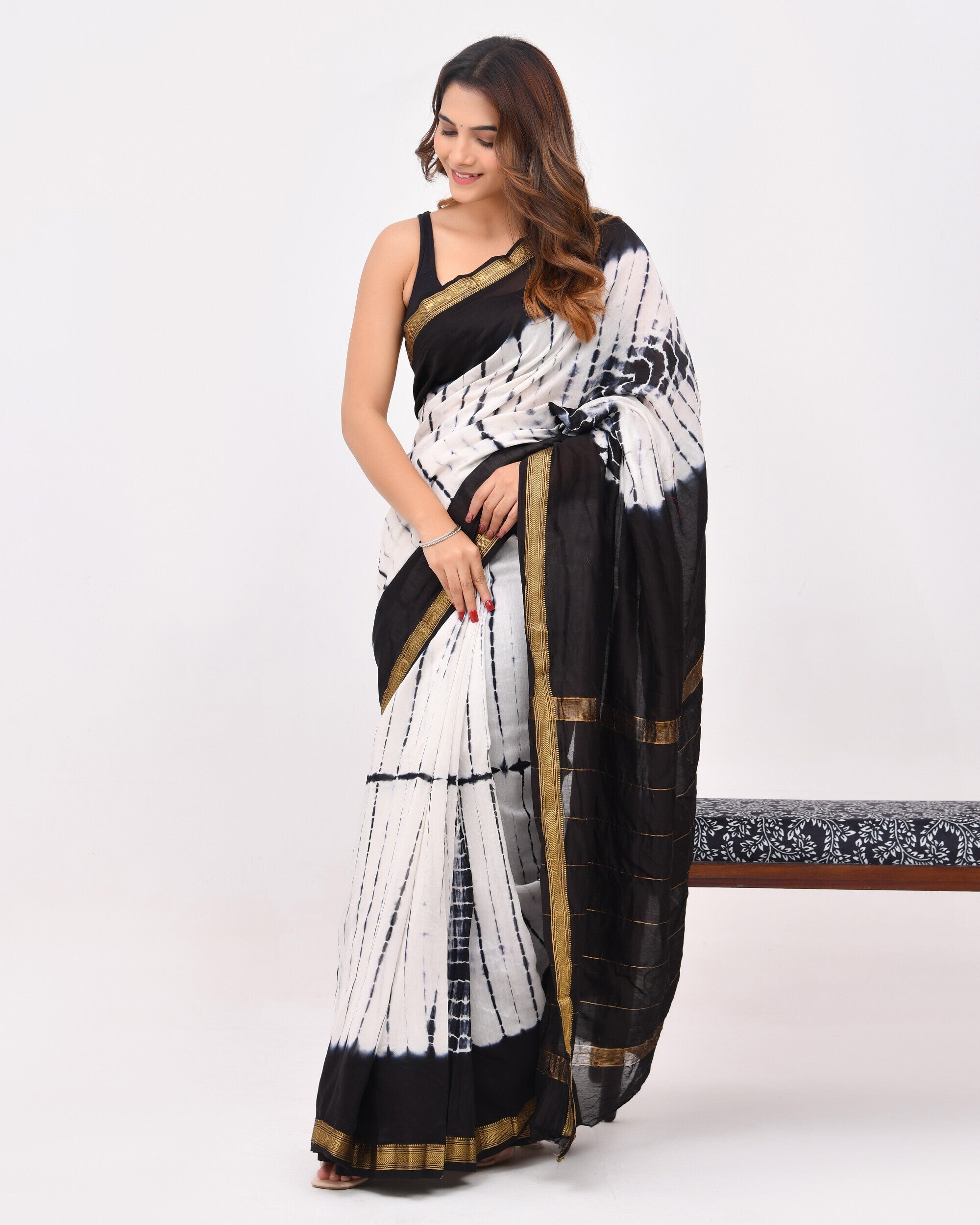 Rajnesa Traditional Block Print Modal Silk Saree - Black & White