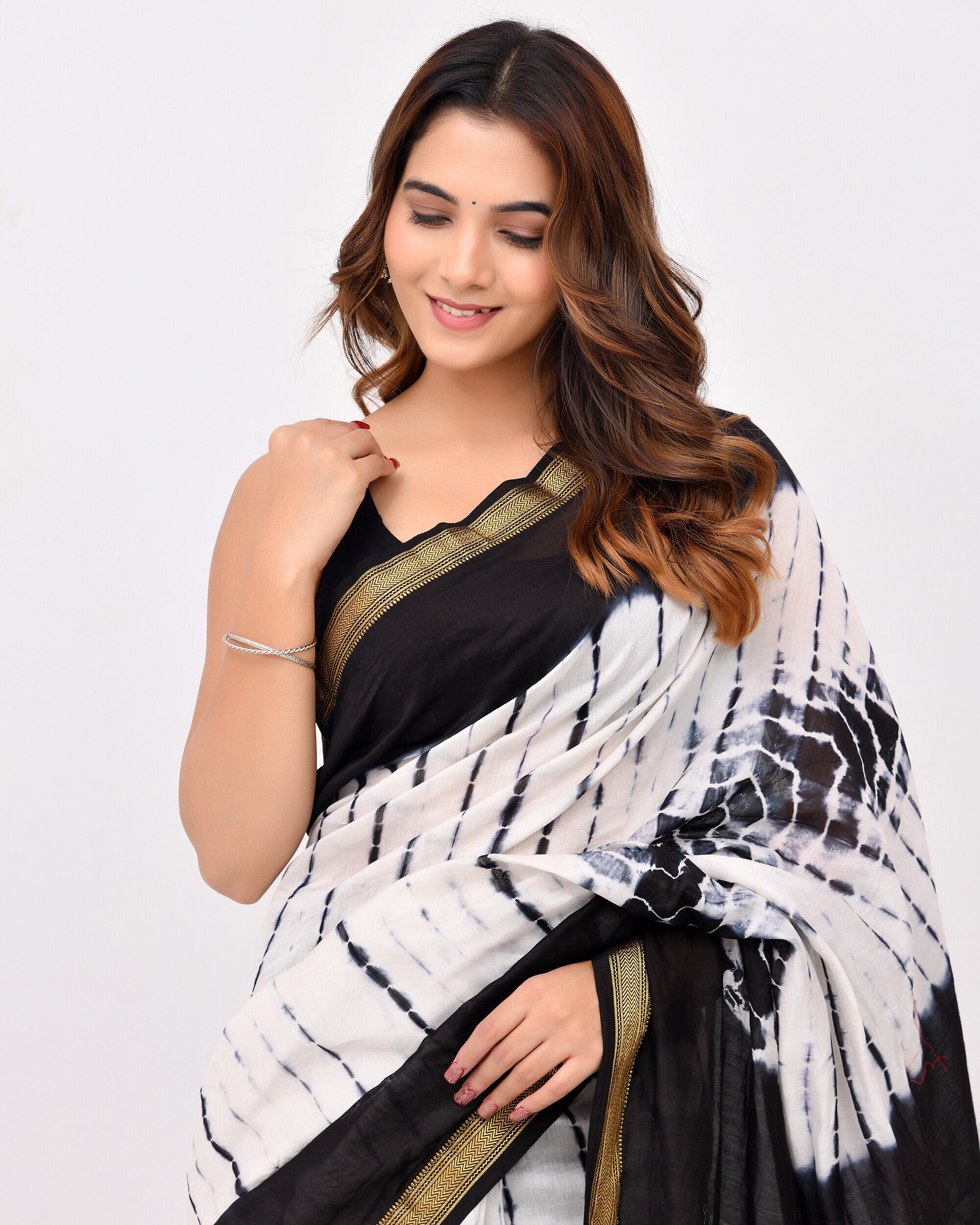 Rajnesa Traditional Block Print Modal Silk Saree - Black & White