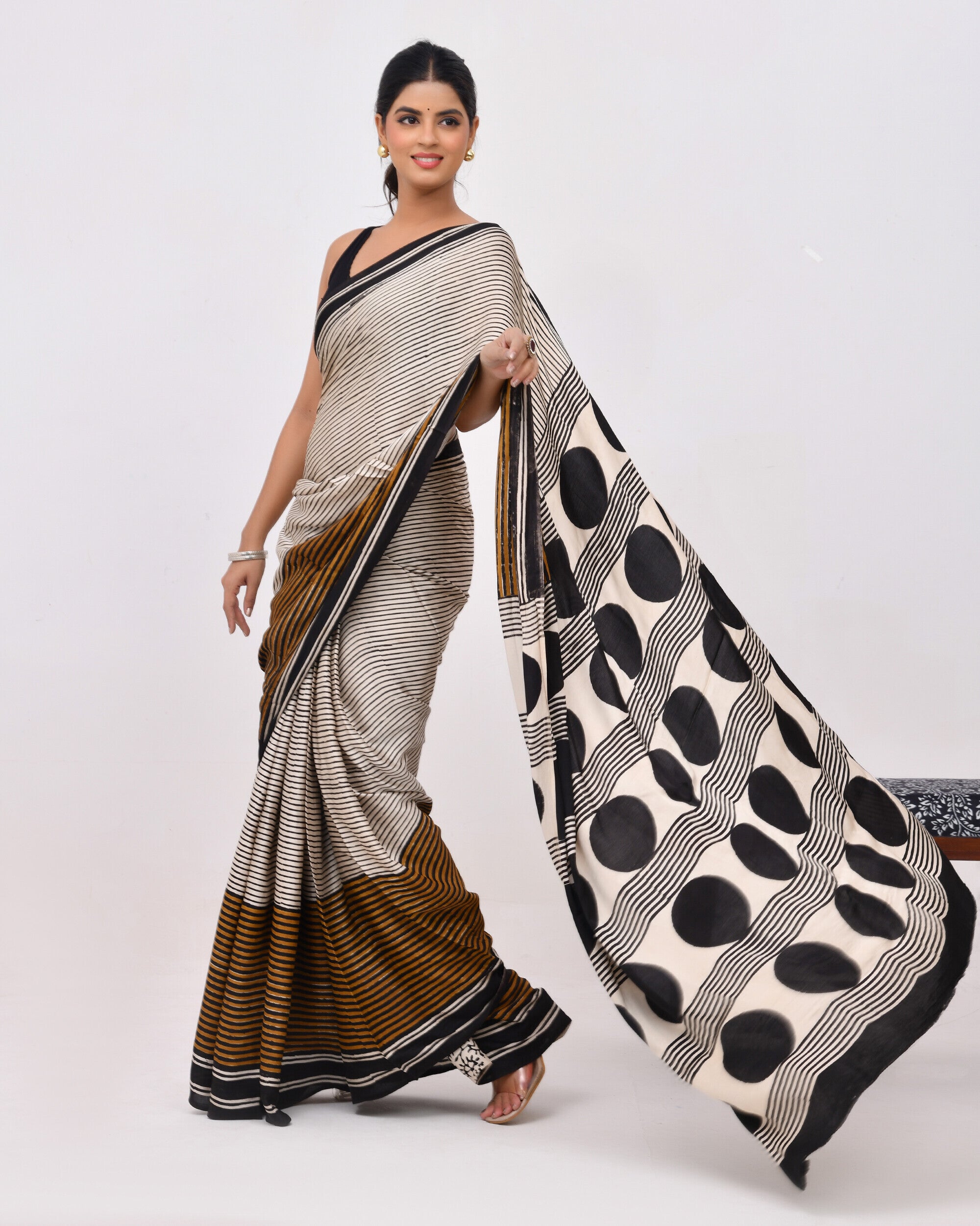 Rajnesa Traditional Block Print Modal Silk Saree - Beige Stripes