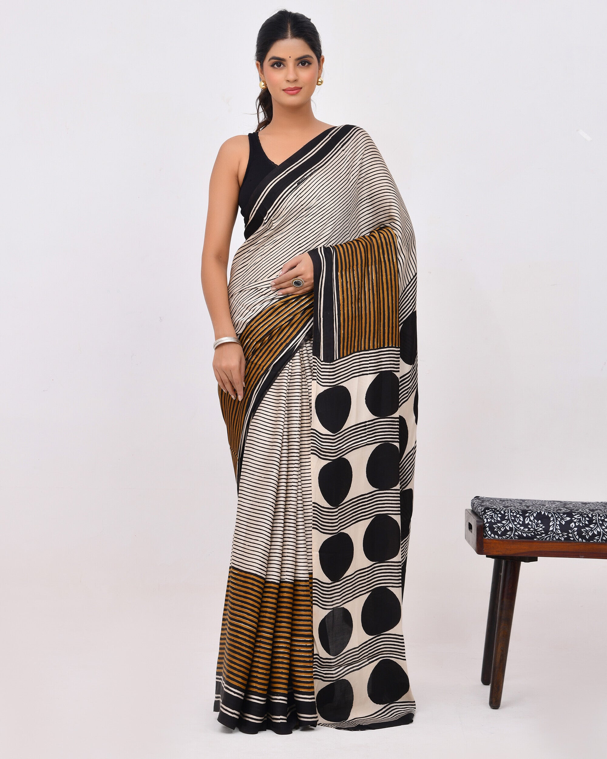 Beige Striped Modal Silk Saree